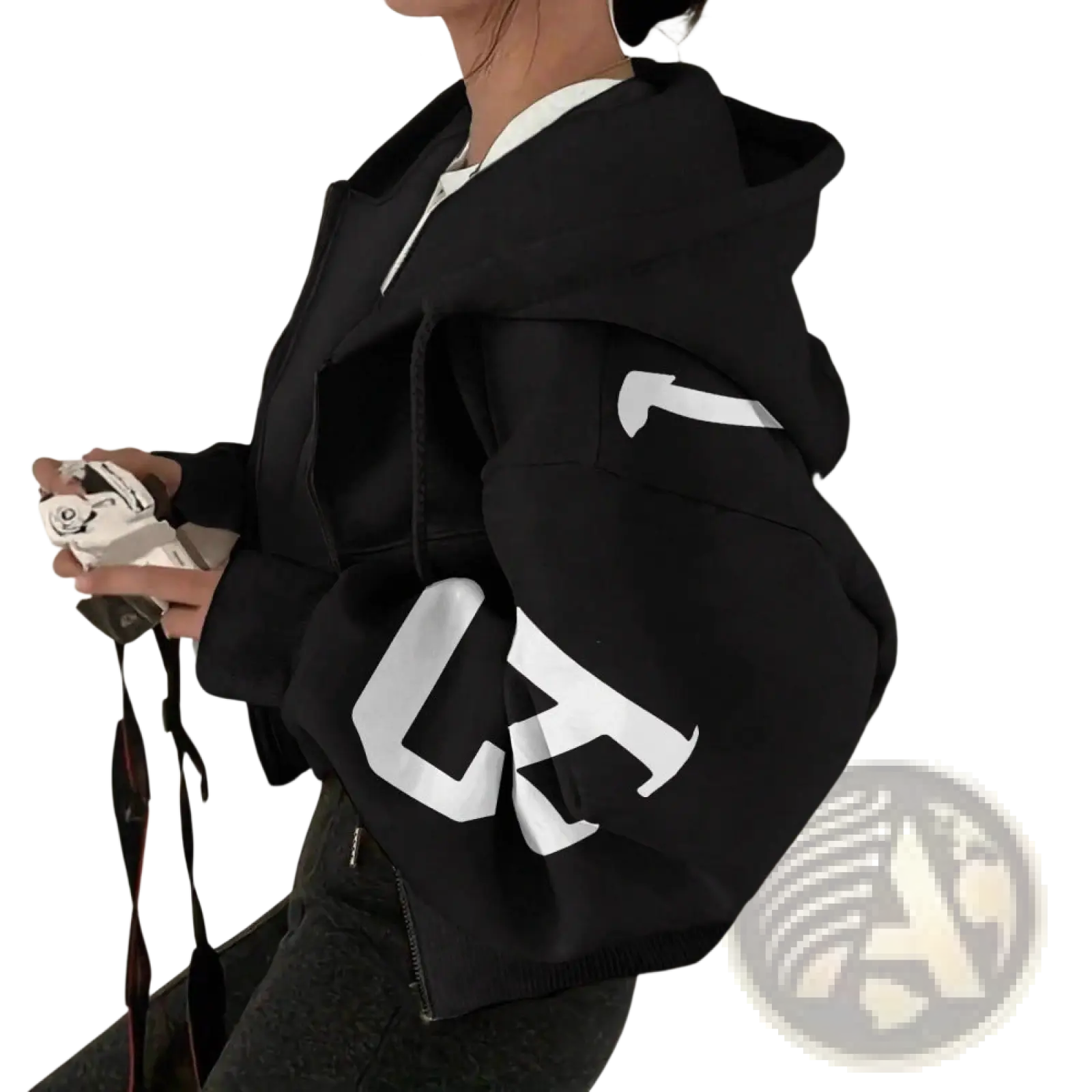 Black zip up sweatshirt with bold white graphic lettering on the sleeves made of comfortable fabric