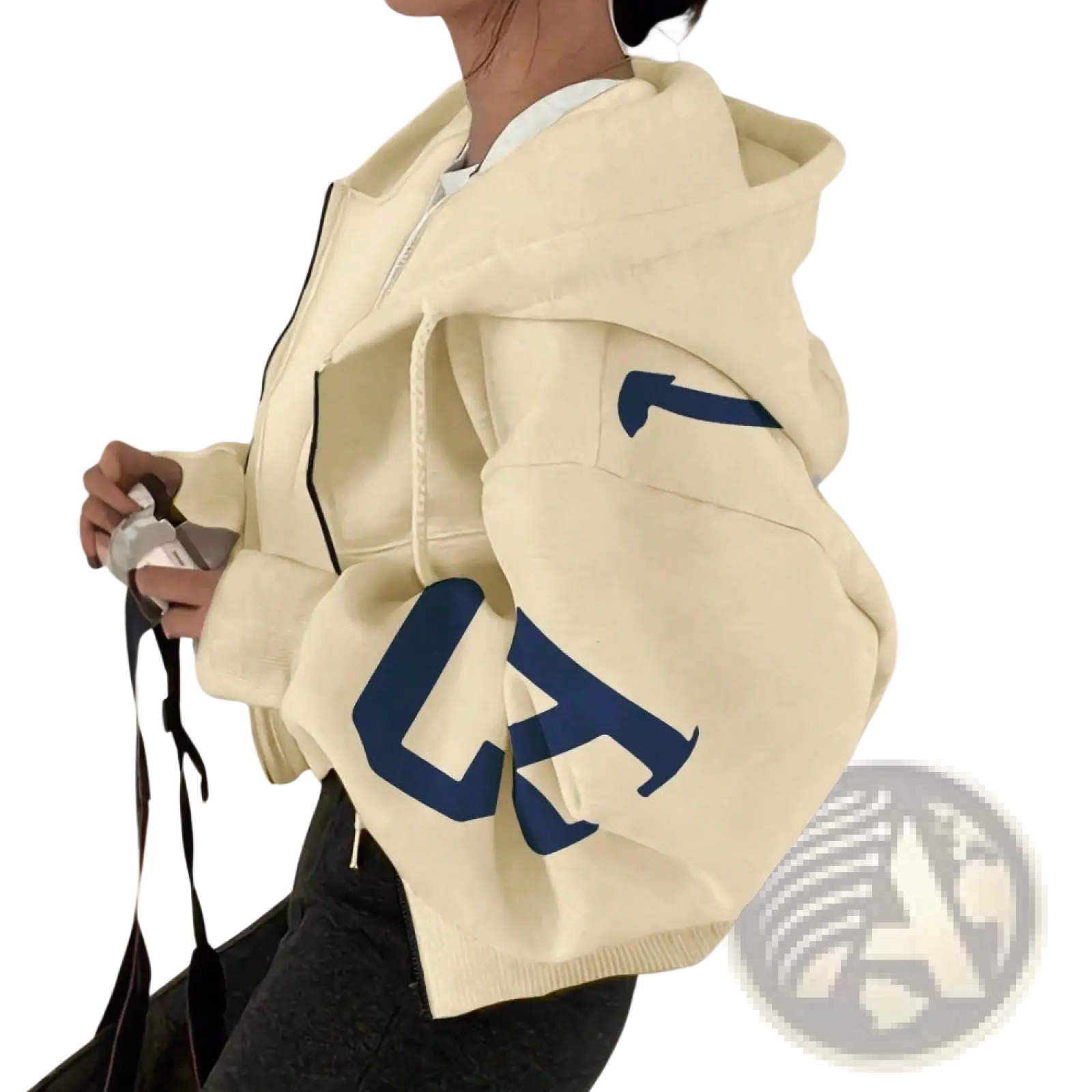Cream-colored graphic print zip up sweatshirt with bold navy blue lettering on the sleeve made of soft material