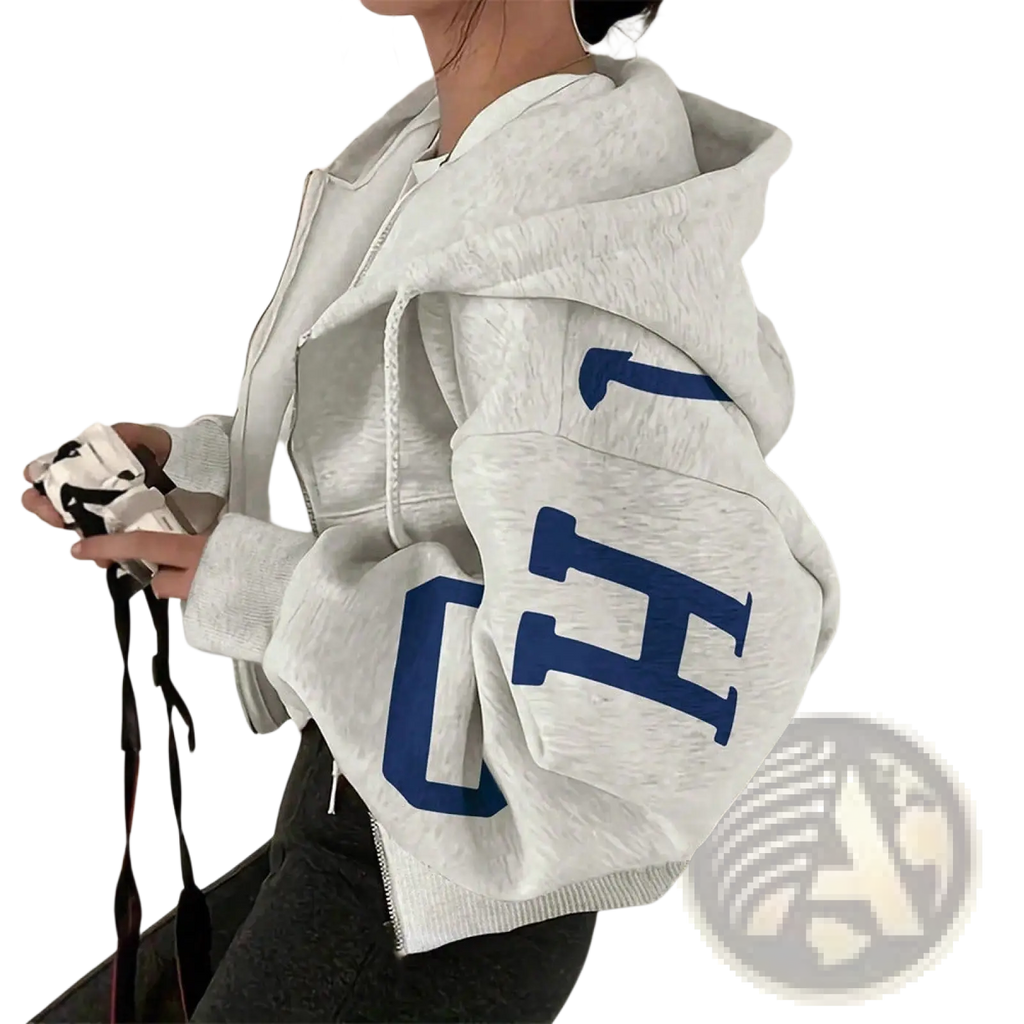 A light gray graphic print zip up sweatshirt with bold blue lettering on the sleeve made of soft fabric