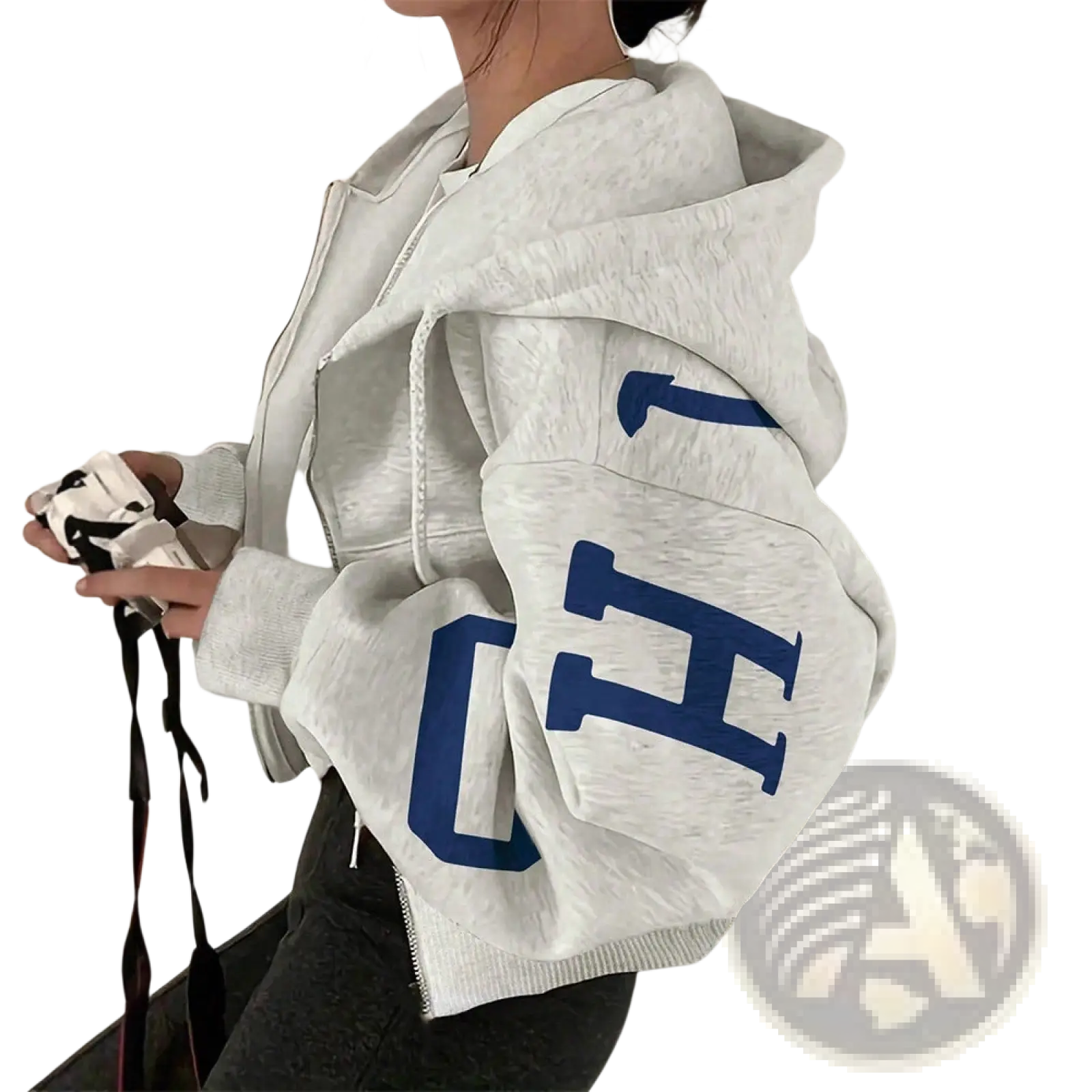A light gray graphic print zip up sweatshirt with bold blue lettering on the sleeve made of soft fabric