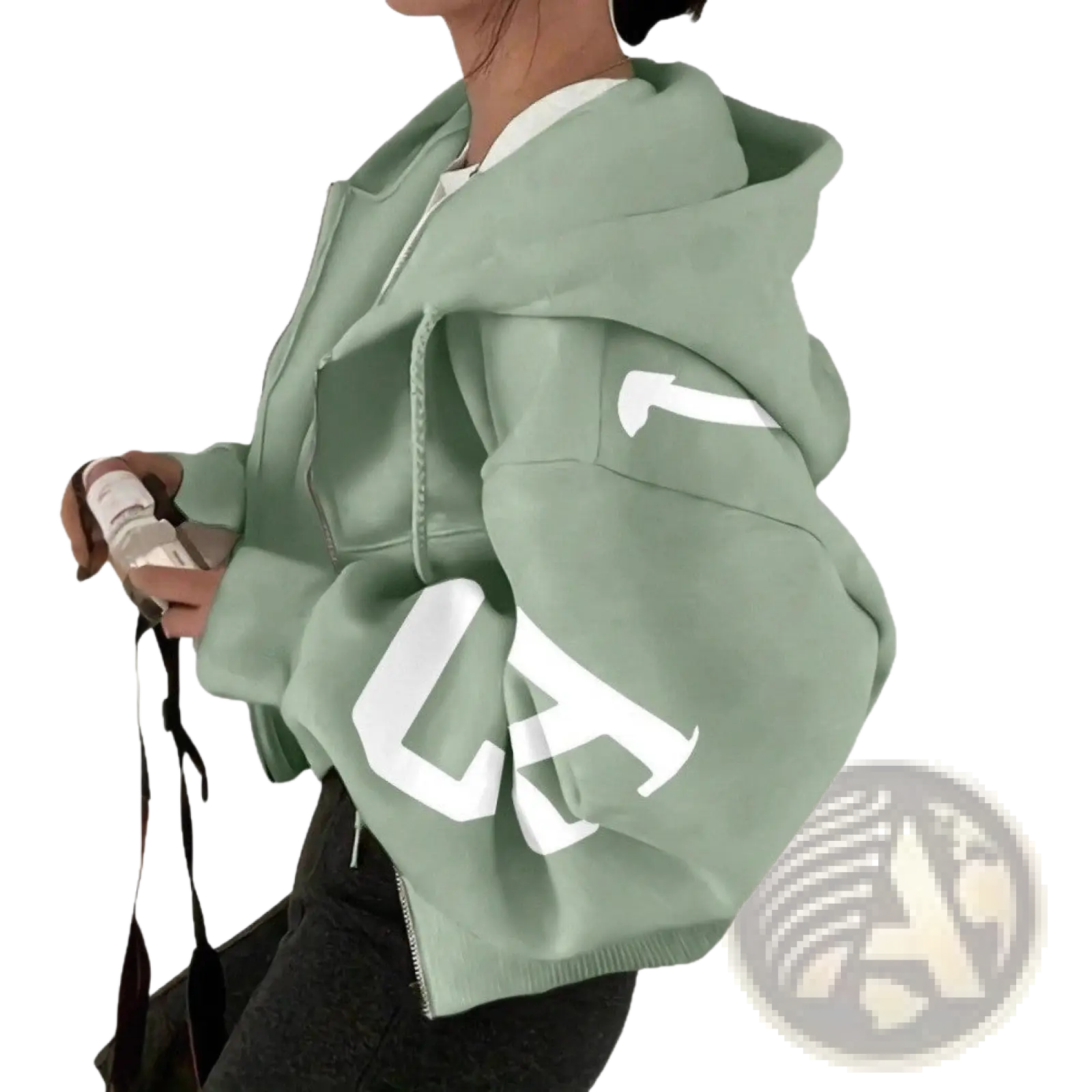Mint green cropped graphic print zip up sweatshirt with bold white lettering on the sleeves in cotton blend material