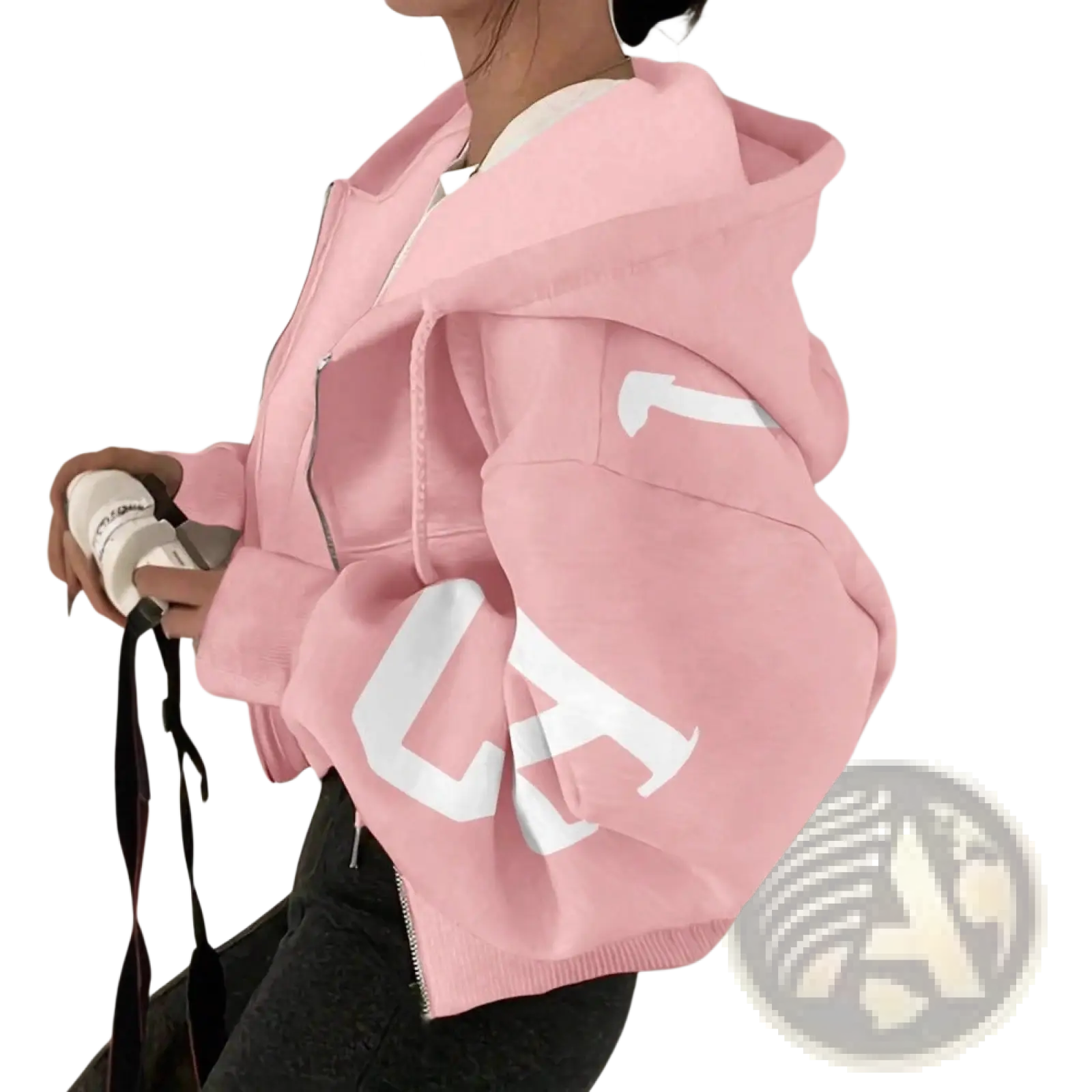 Pink cropped graphic print zip up sweatshirt with white lettering on sleeves made of soft cotton material