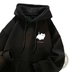 Black graphic pullover hoodie with white ghost chest print and matching drawstrings, ideal for casual sportswear