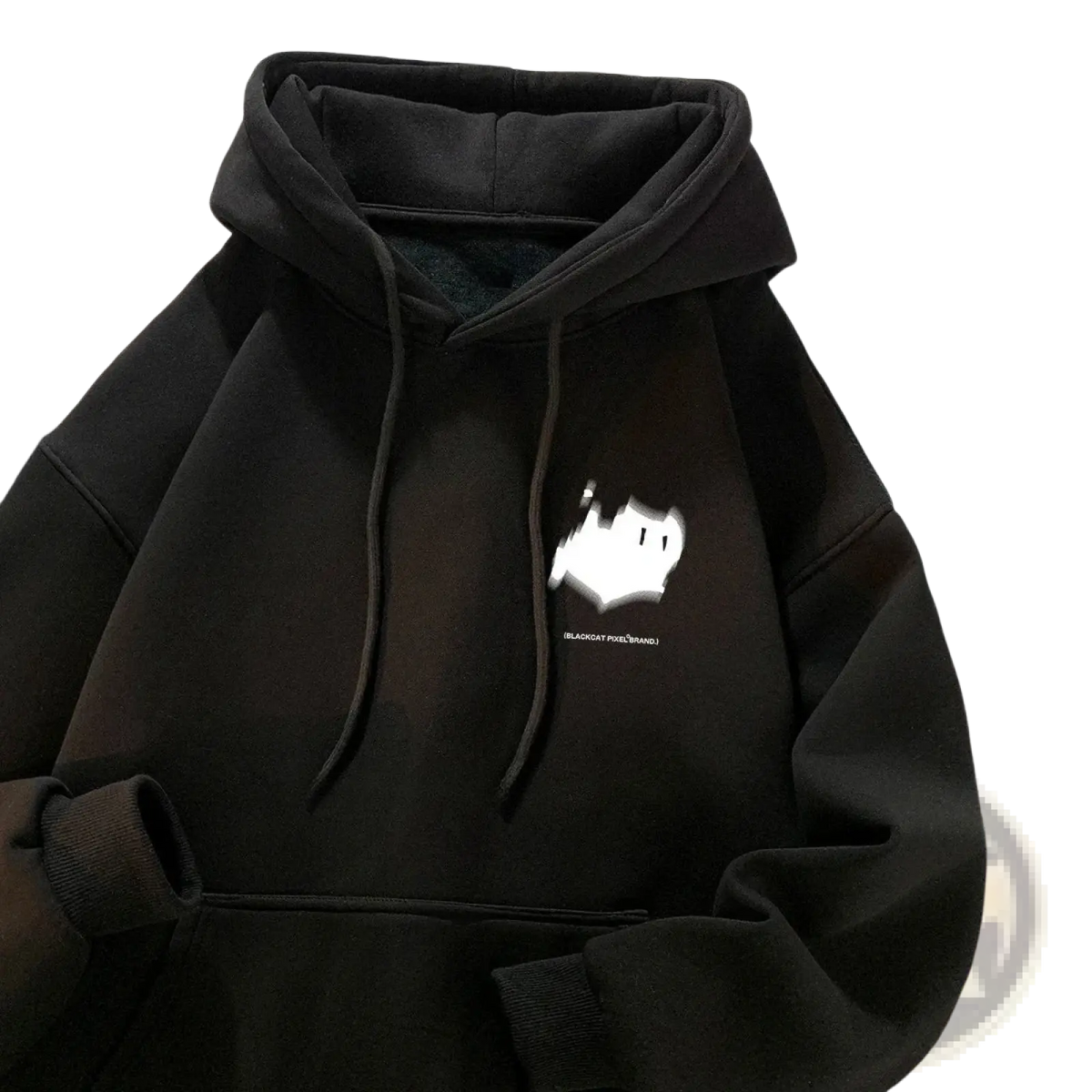 Black graphic pullover hoodie with white ghost chest print and matching drawstrings, ideal for casual sportswear