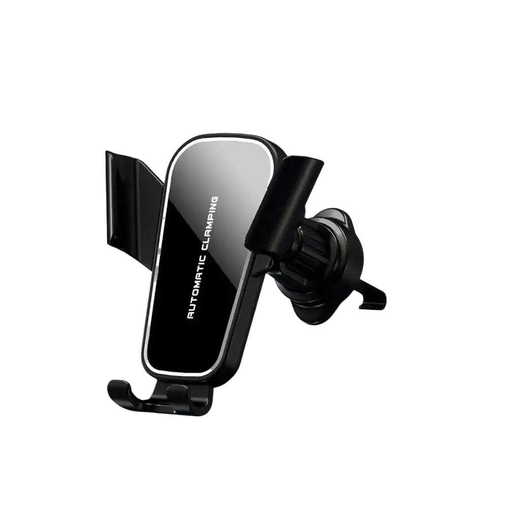 Black gravity car phone holder air vent mount with sleek glossy finish and automatic clamping mechanism for secure support
