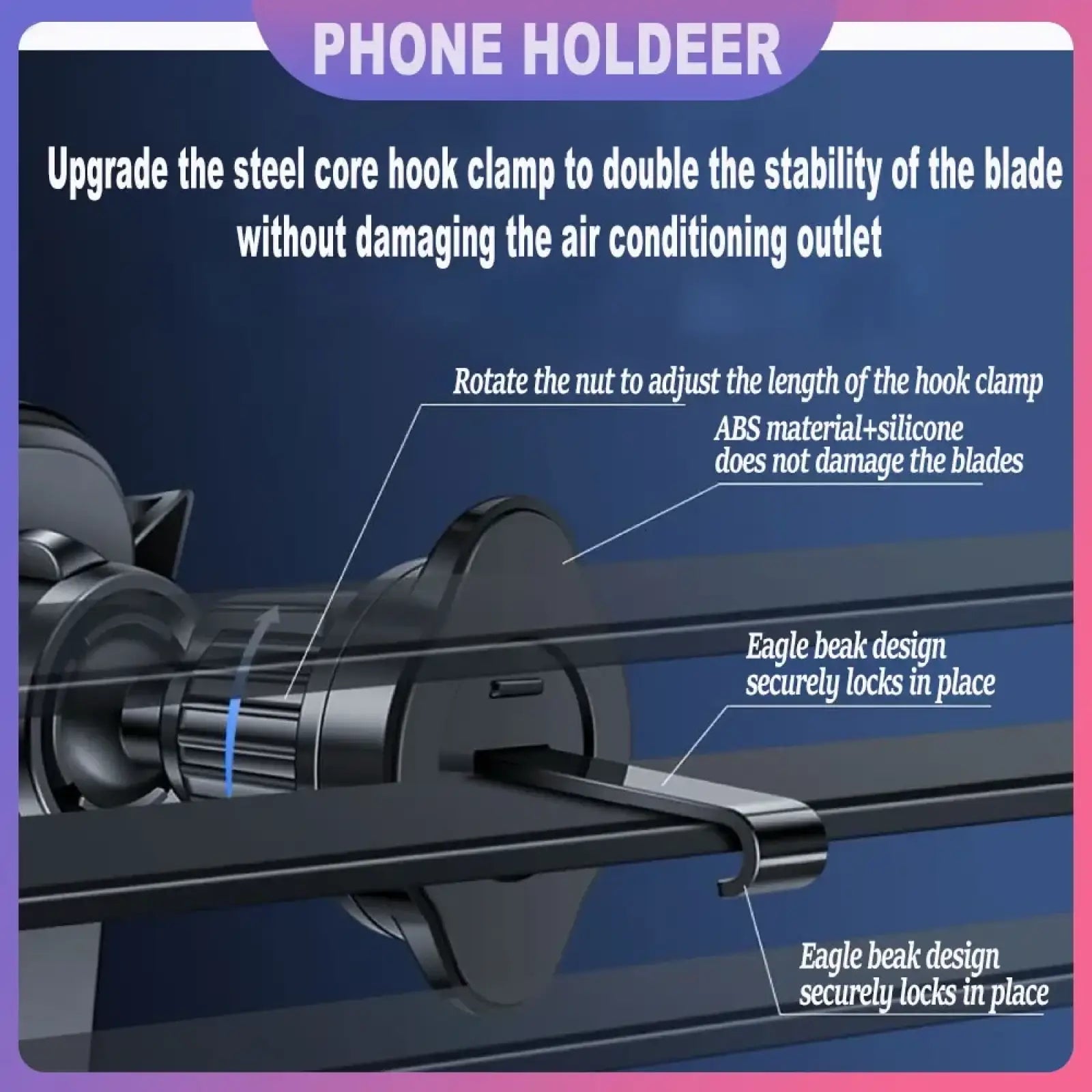 Black abs plastic and silicone gravity car phone holder air vent mount with eagle beak design for secure blade mounting