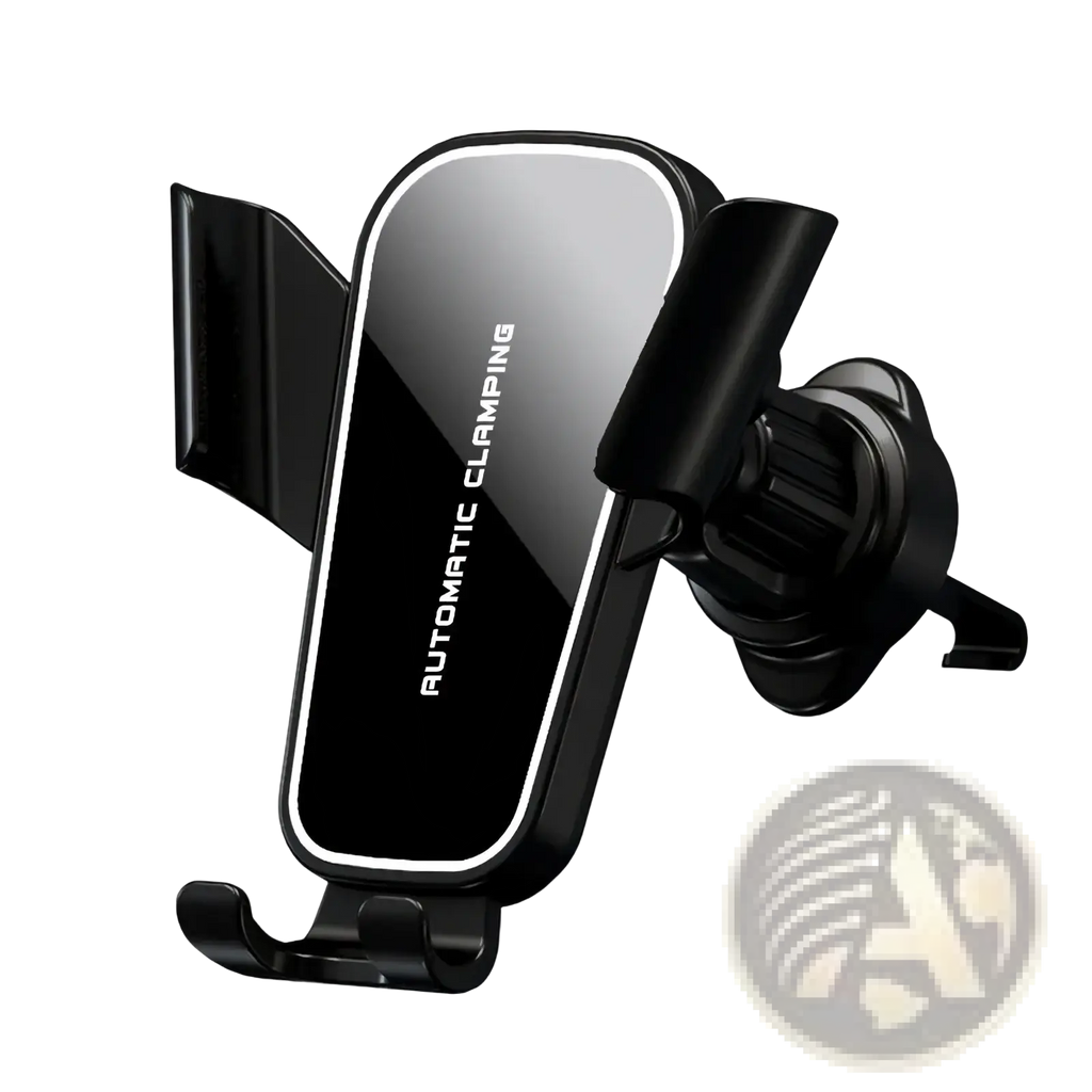 Black automatic clamping gravity car phone holder air vent mount with glossy finish and adjustable arms