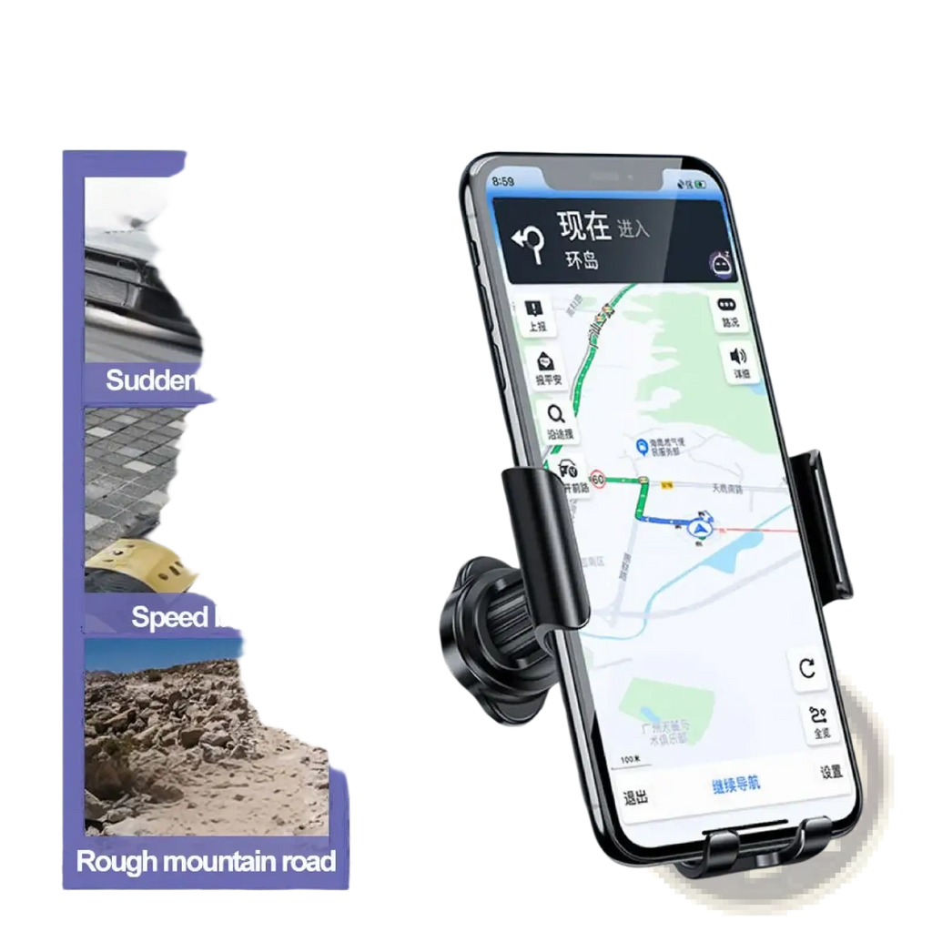 Black plastic gravity car phone holder air vent mount holding smartphone with navigation app displayed