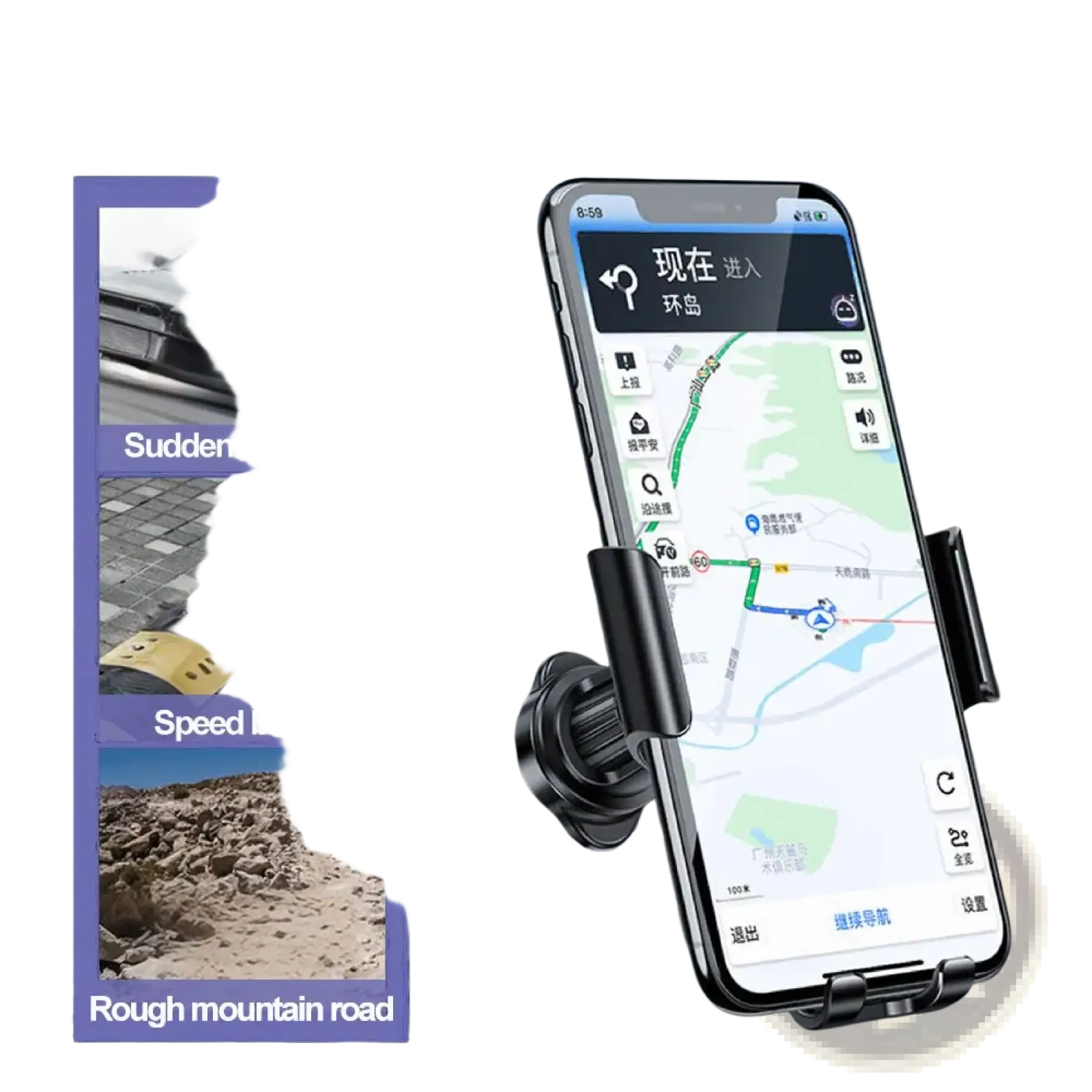 Black plastic gravity car phone holder air vent mount holding smartphone with navigation app displayed