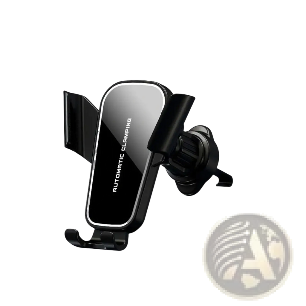 Black gravity car phone holder air vent mount with sleek glossy finish and automatic clamping mechanism for secure support