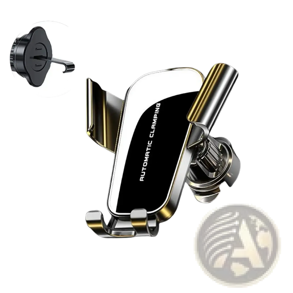 A sleek two-tone gravity car phone holder air vent mount with black and silver metallic finish and gold accents