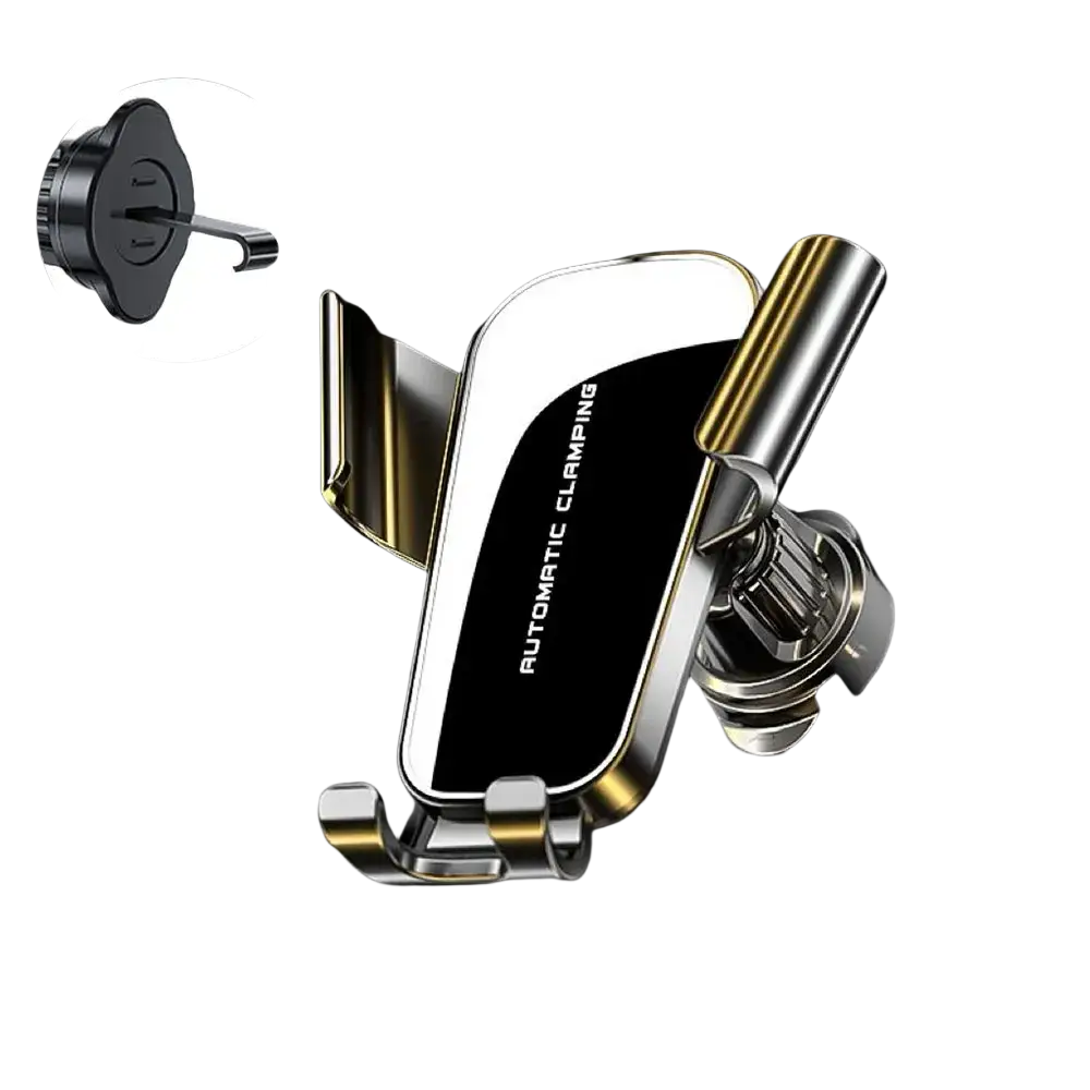 A sleek two-tone gravity car phone holder air vent mount with black and silver metallic finish and gold accents