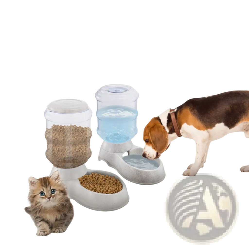 Gray automatic gravity pet water dispenser 3.5l with transparent water reservoir and food compartment