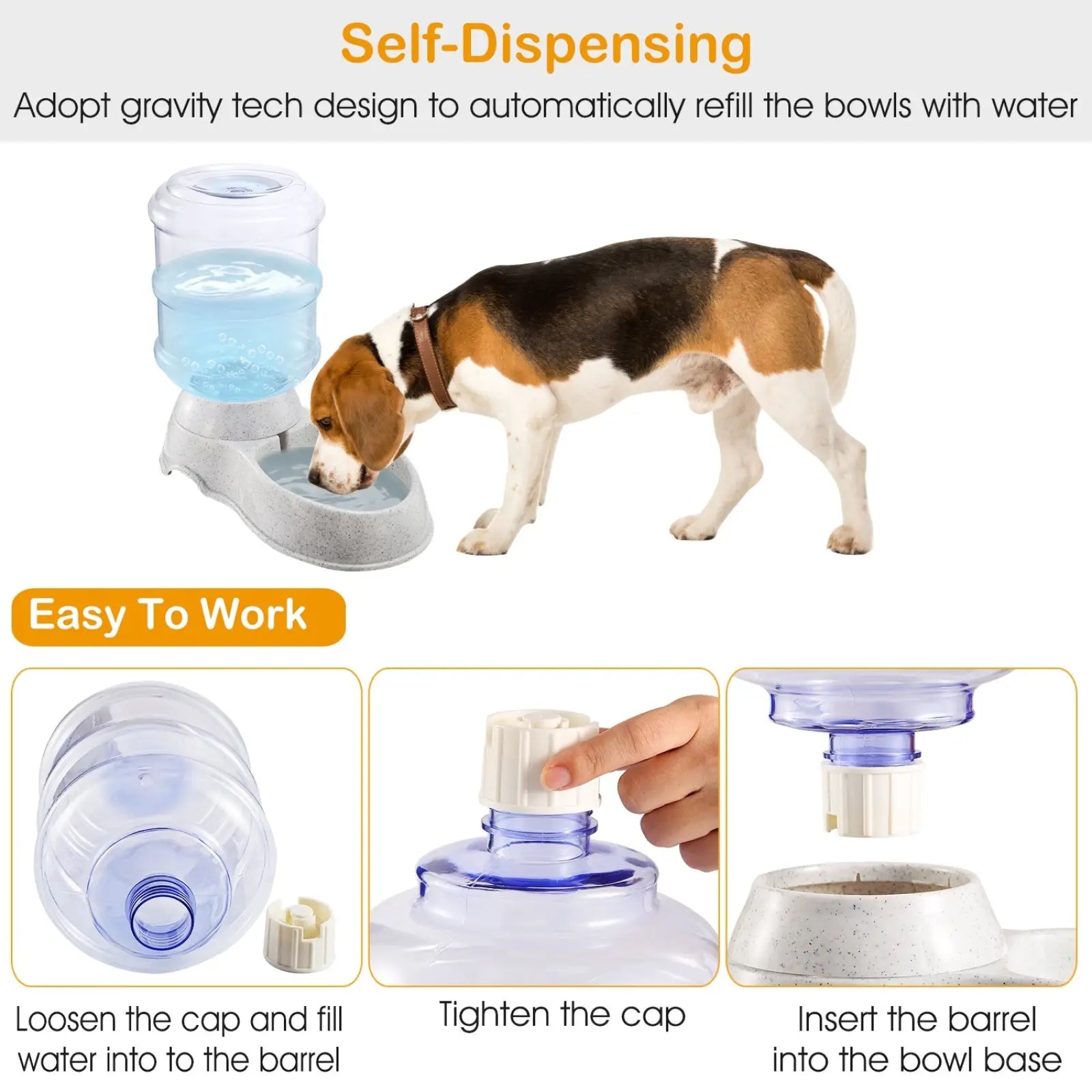 Gray gravity pet water dispenser 3.5l with transparent blue water barrel and speckled base for automatic dog hydration