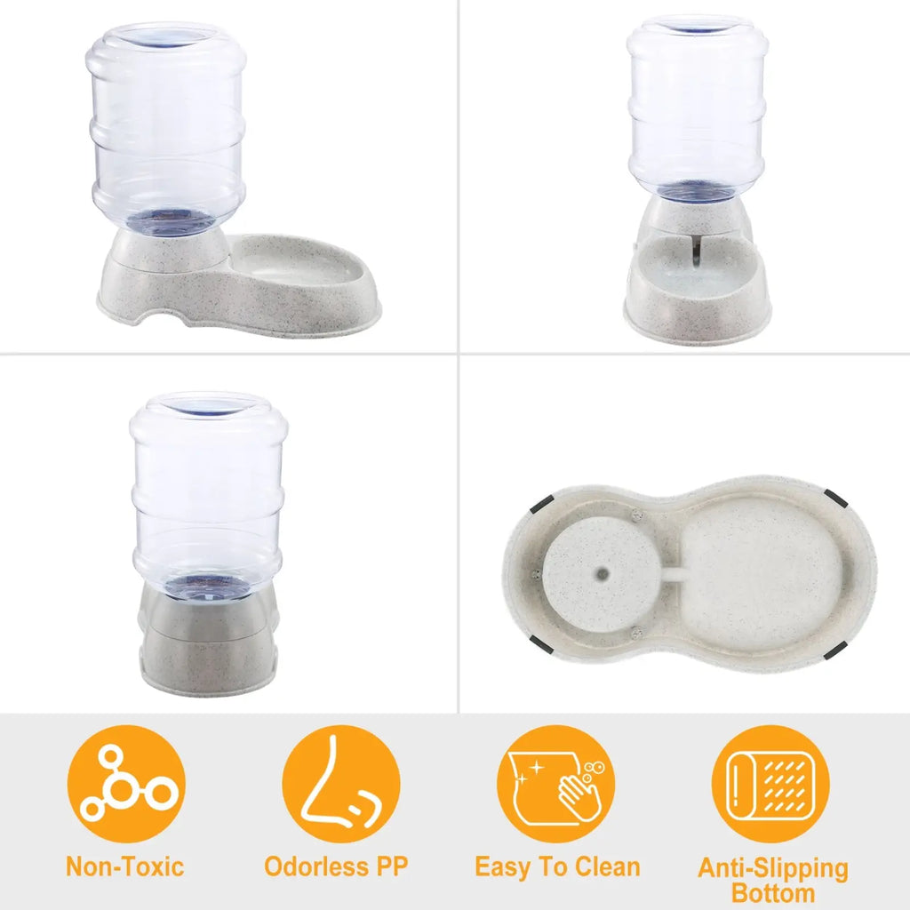 Clear plastic gravity pet water dispenser 3.5l mounted on speckled gray base with integrated automatic feeding dish