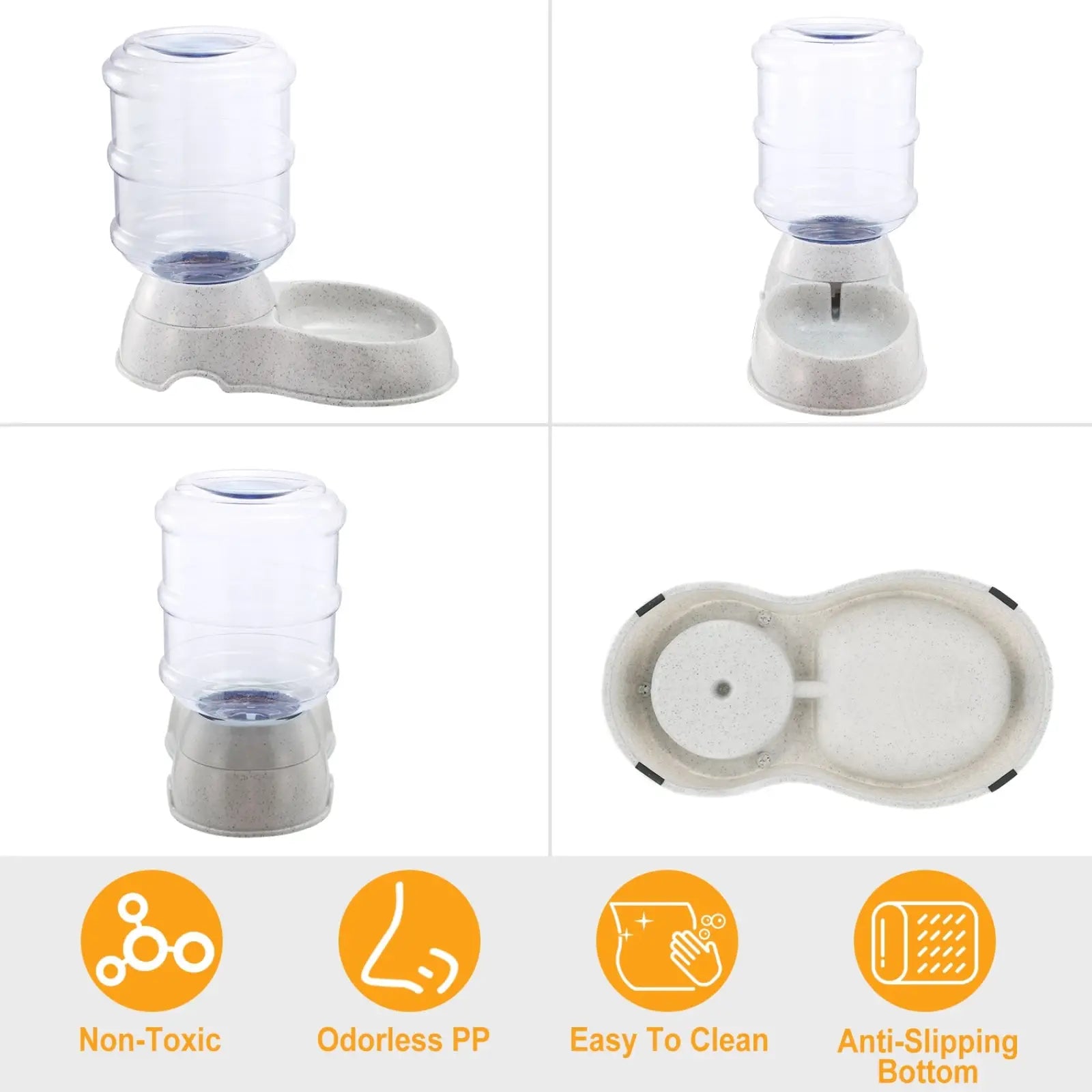 Clear plastic gravity pet water dispenser 3.5l mounted on speckled gray base with integrated automatic feeding dish