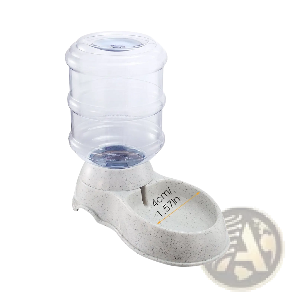 Clear plastic gravity pet water dispenser with speckled gray base and transparent cylindrical reservoir 3.5l capacity