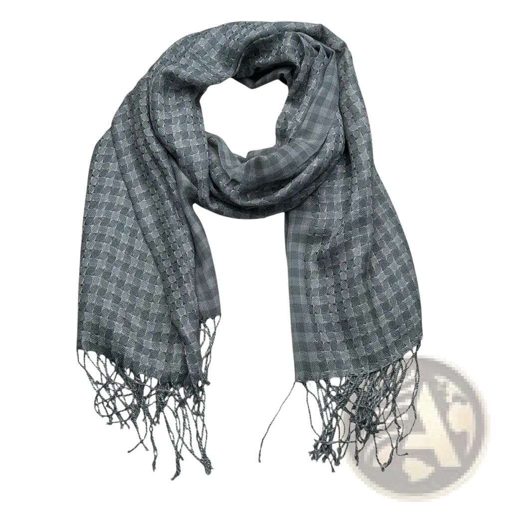 A soft gray acrylic fringe scarf for women and men with a subtle geometric pattern and fringed edges