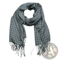 A soft gray acrylic fringe scarf for women and men with a subtle geometric pattern and fringed edges