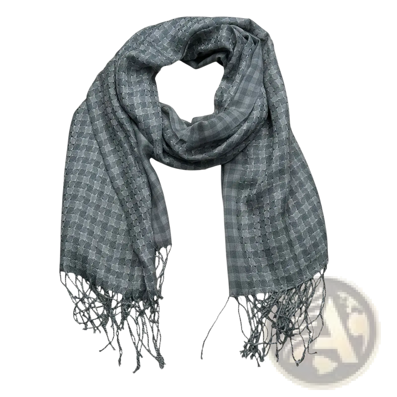 A soft gray acrylic fringe scarf for women and men with a subtle geometric pattern and fringed edges