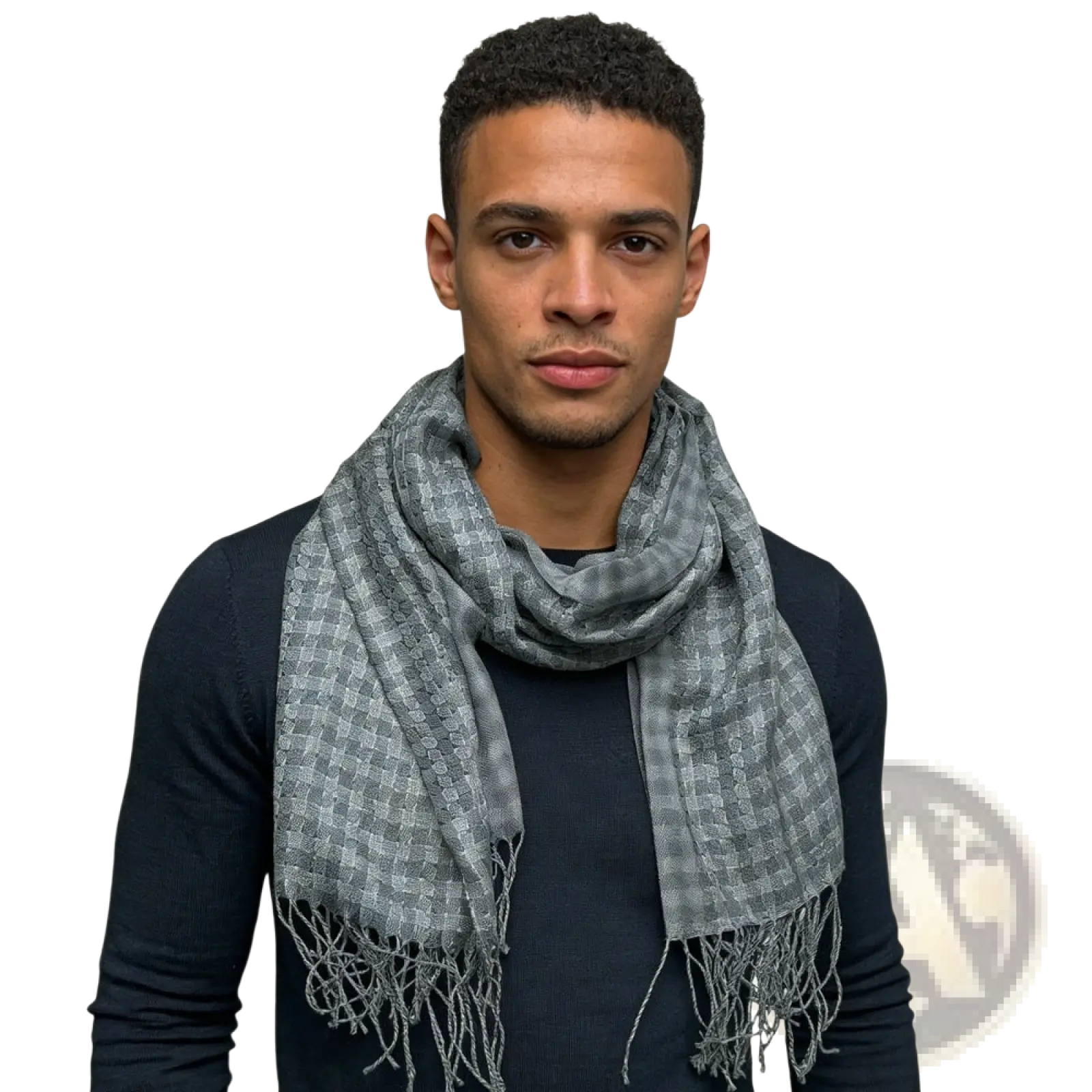 Gray acrylic fringe scarf for women and men featuring a gray checkered pattern with subtle design and fringed edges