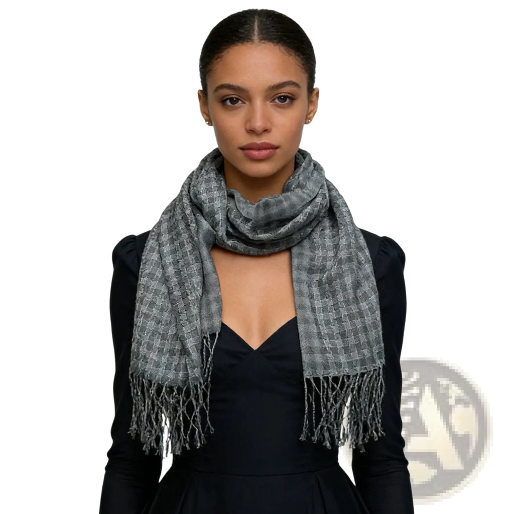 Gray acrylic fringe scarf for women and men featuring a soft checkered pattern and delicate fringes