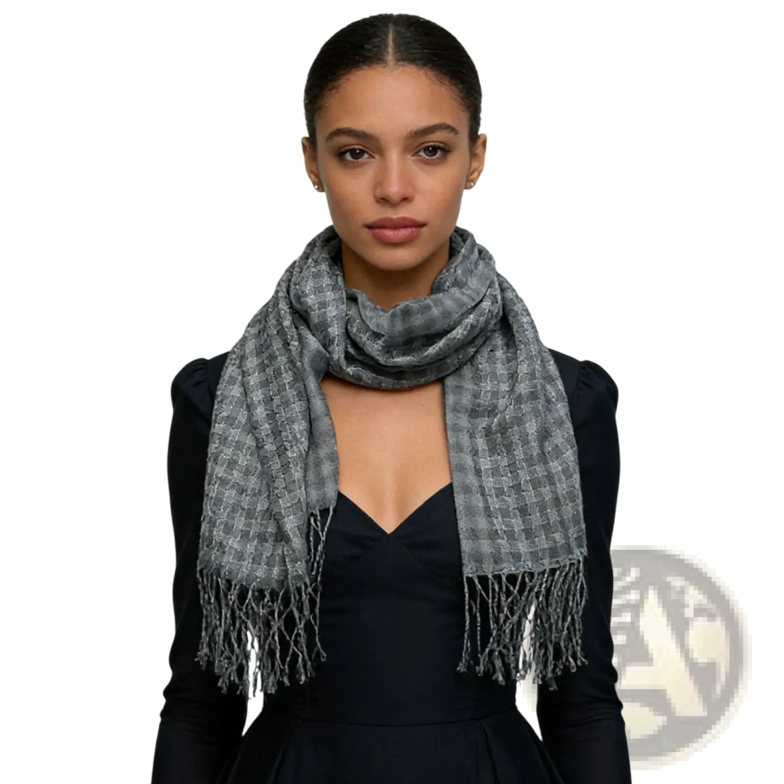 Gray acrylic fringe scarf for women and men featuring a soft checkered pattern and delicate fringes