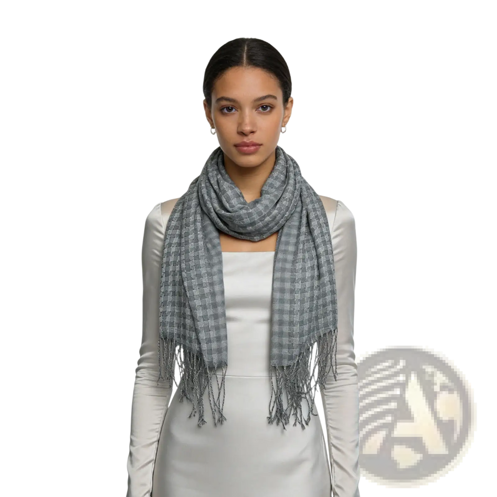 Gray acrylic fringe scarf for women and men featuring a soft gray checkered pattern with delicate fringe detailing