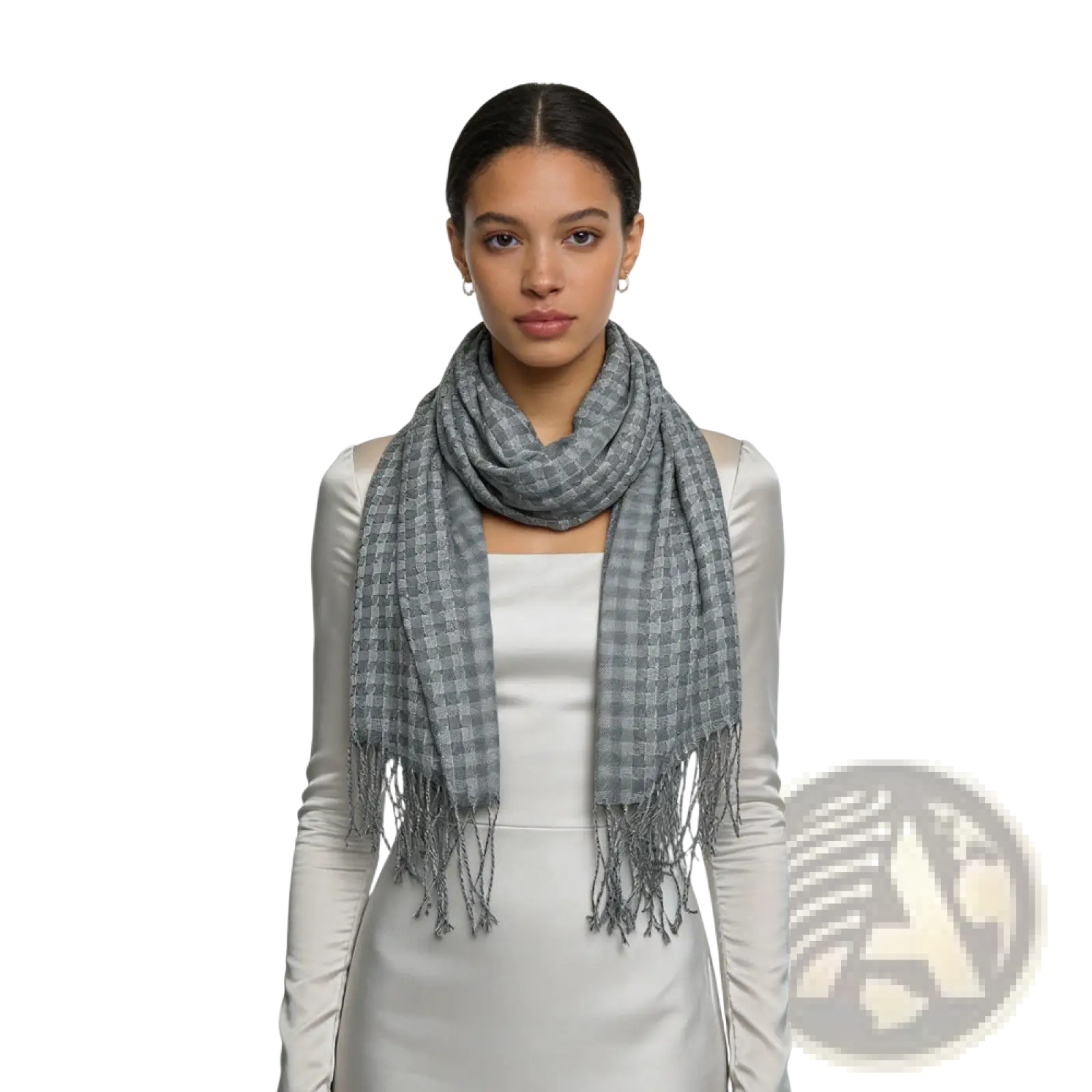 Gray acrylic fringe scarf for women and men featuring a soft gray checkered pattern with delicate fringe detailing