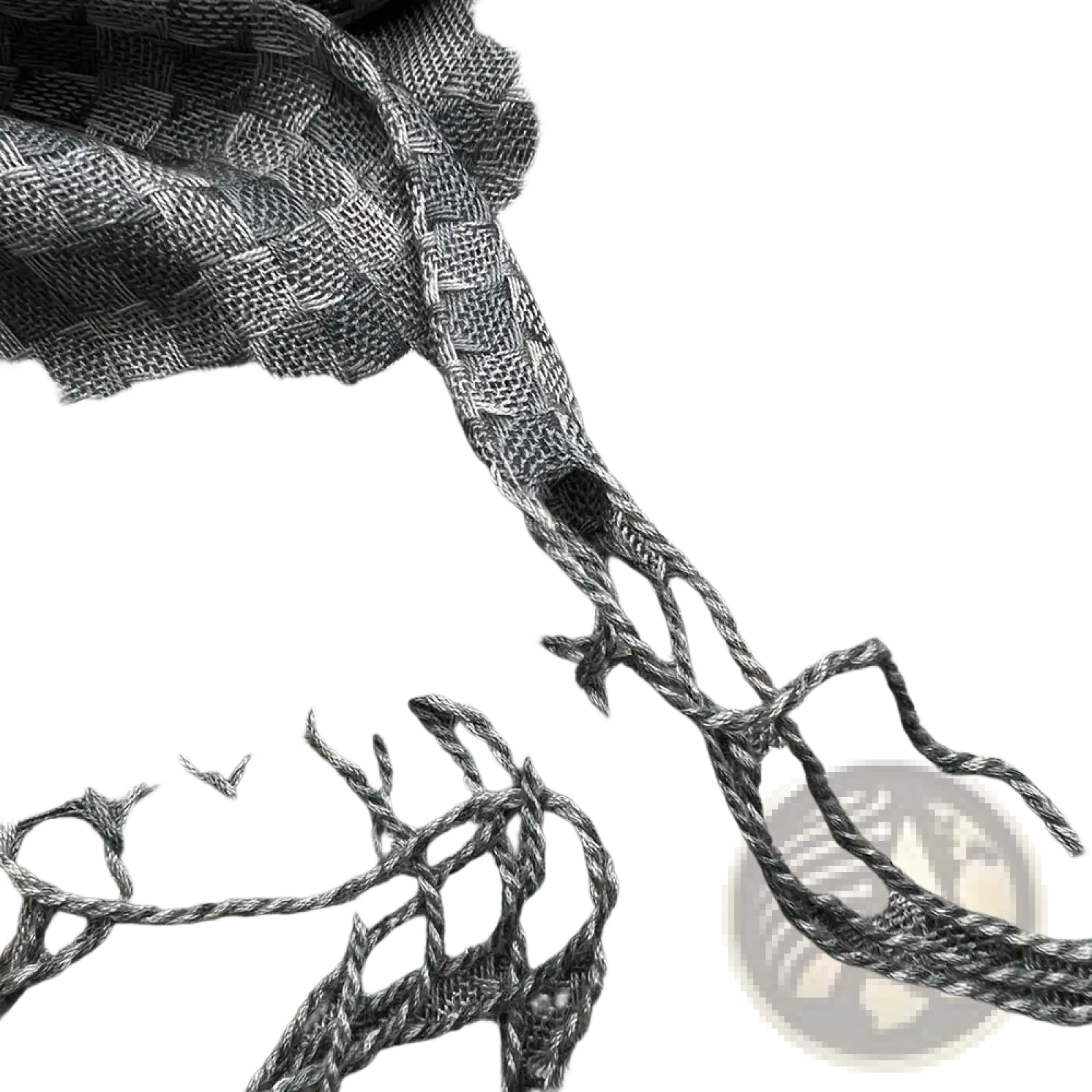 Gray acrylic scarf for women and men with a woven textured interlaced pattern and braided fringe edges