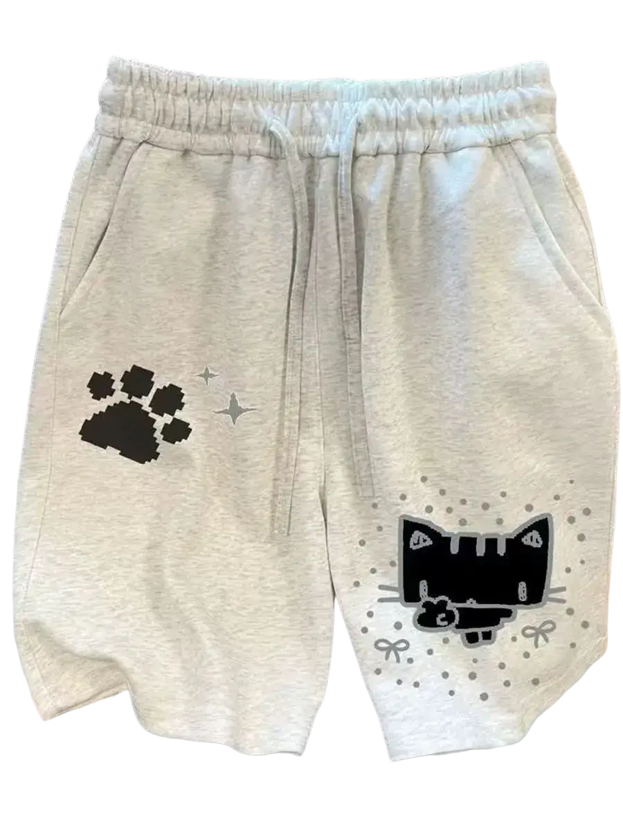 Light gray women’s cat print Y2K sweat shorts with black pixelated paw print and cat design on the legs