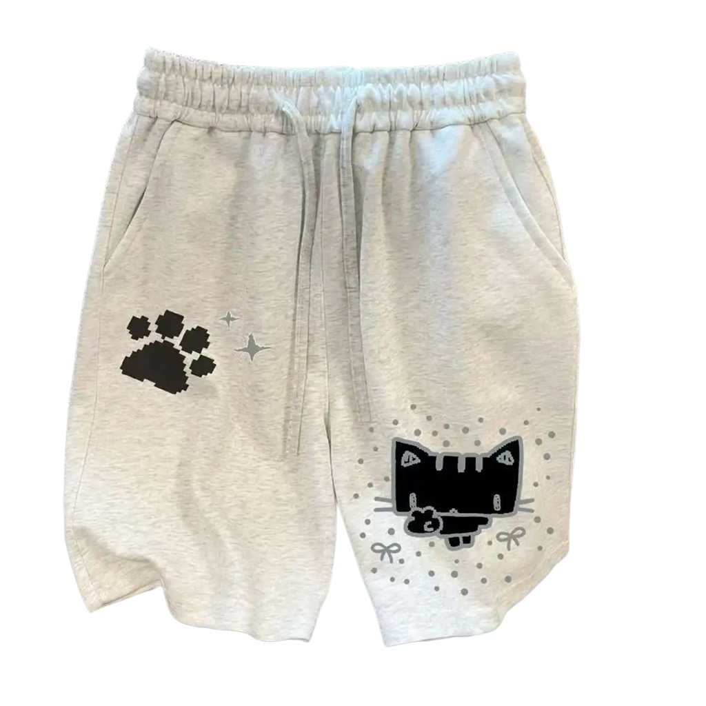 Light gray cotton sweat shorts for women with black pixelated cat and paw prints and silver star accents