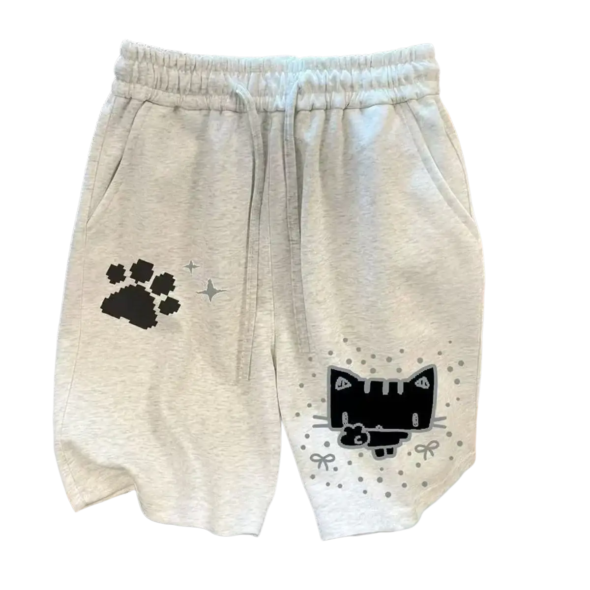 Light gray cotton sweat shorts for women with black pixelated cat and paw prints and silver star accents