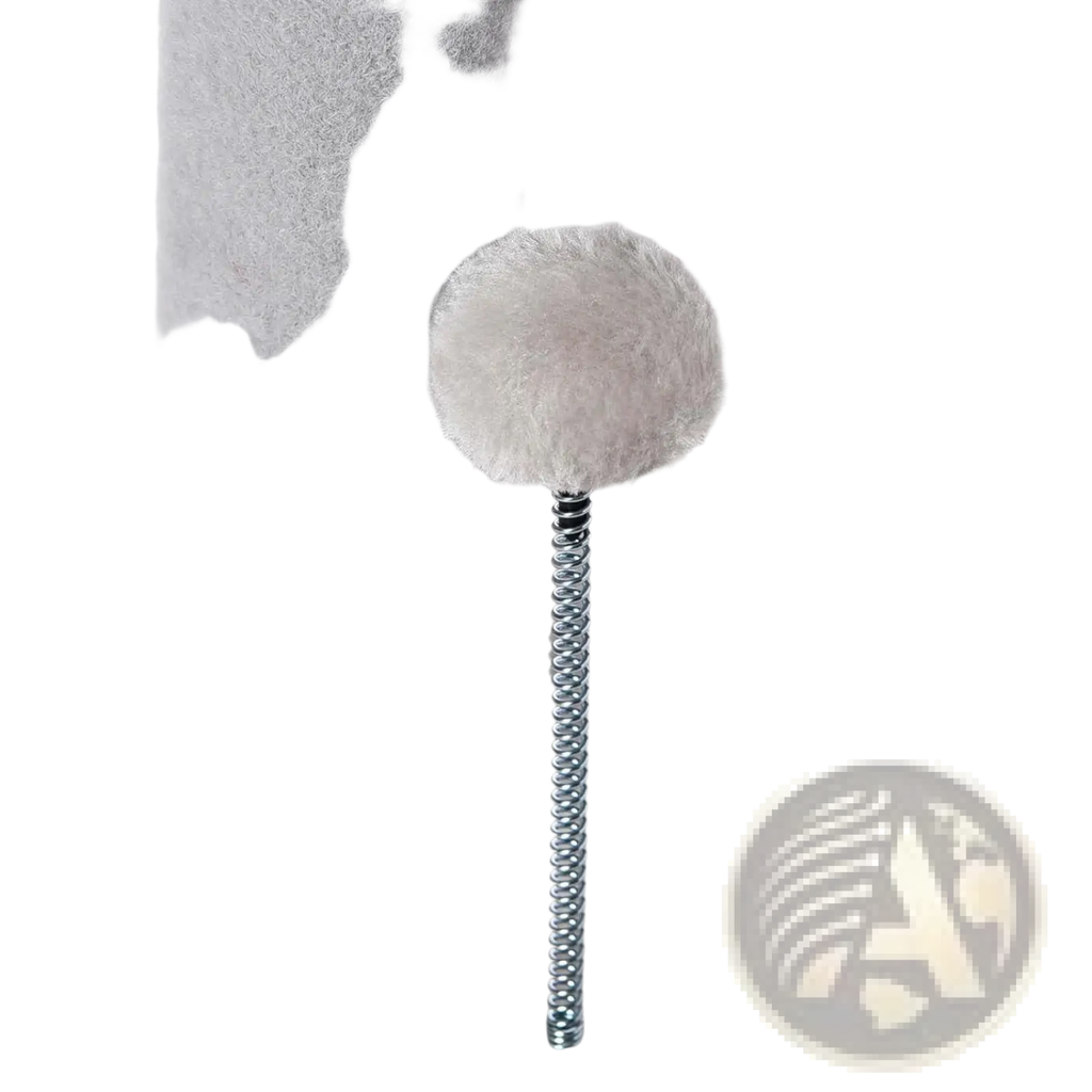 Gray cat tree with tunnel and scratching post featuring a gray fuzzy pom pom attached to a metallic spring
