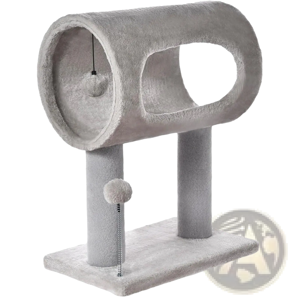 Gray plush cat tree with tunnel, two vertical scratching posts, and dangling pom-pom toys for feline play and rest