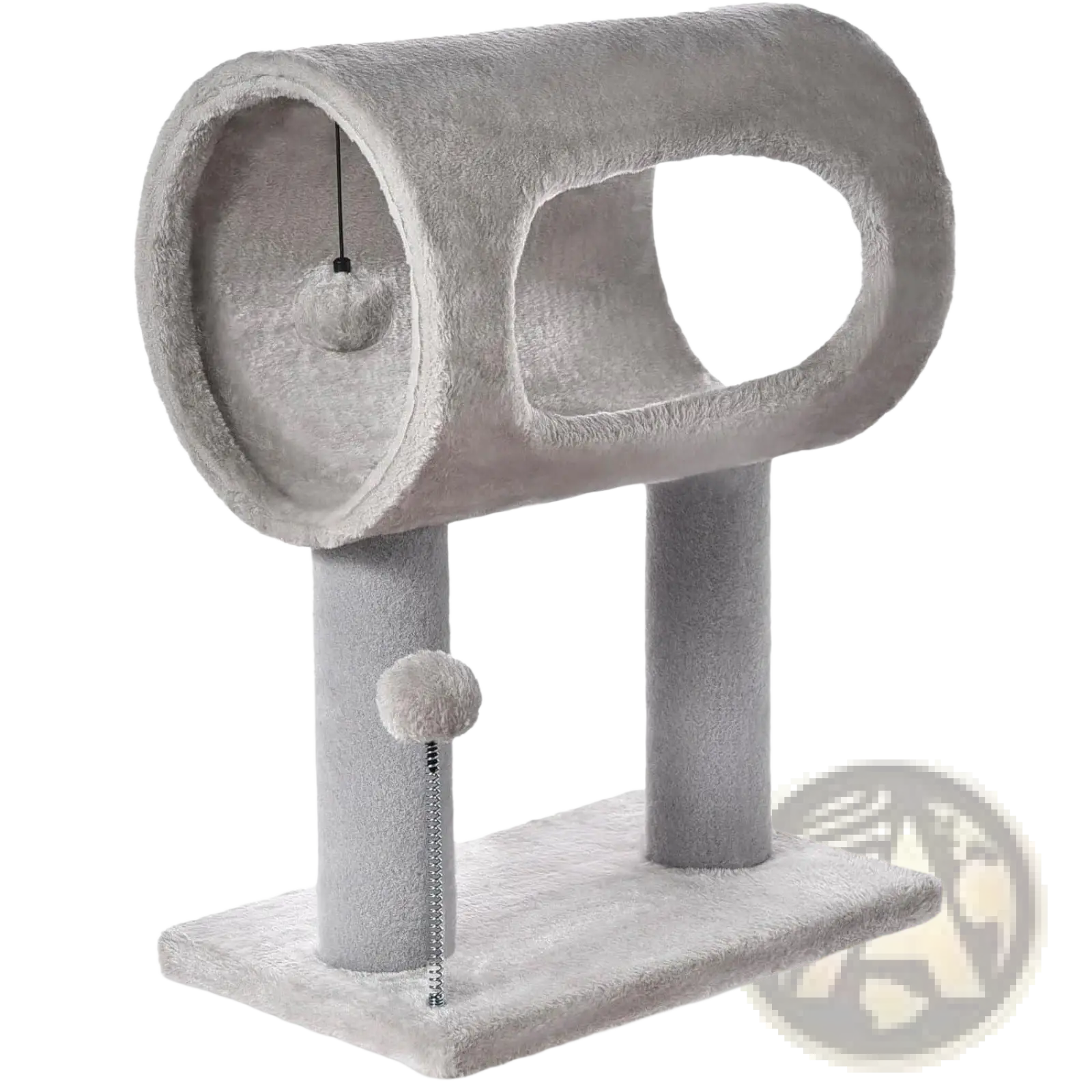 Gray plush cat tree with tunnel, two vertical scratching posts, and dangling pom-pom toys for feline play and rest