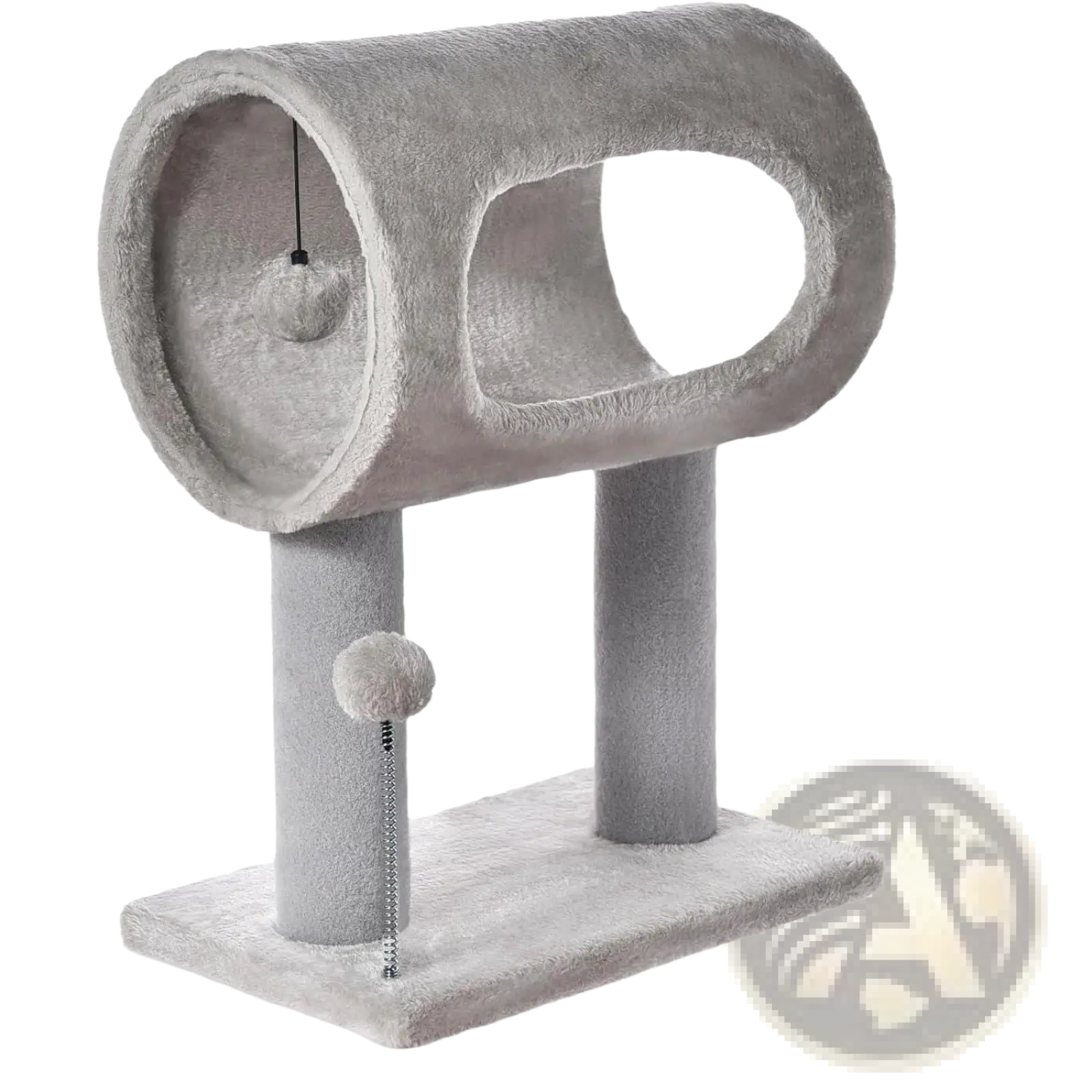 Gray plush cat tree with tunnel, two vertical scratching posts, and dangling pom-pom toys for cats