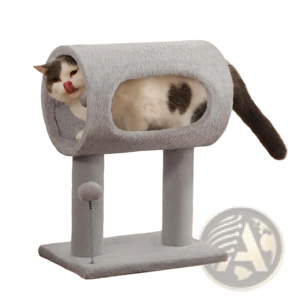 Gray plush cat tree with tunnel and sisal scratching post designed for indoor cat play and rest