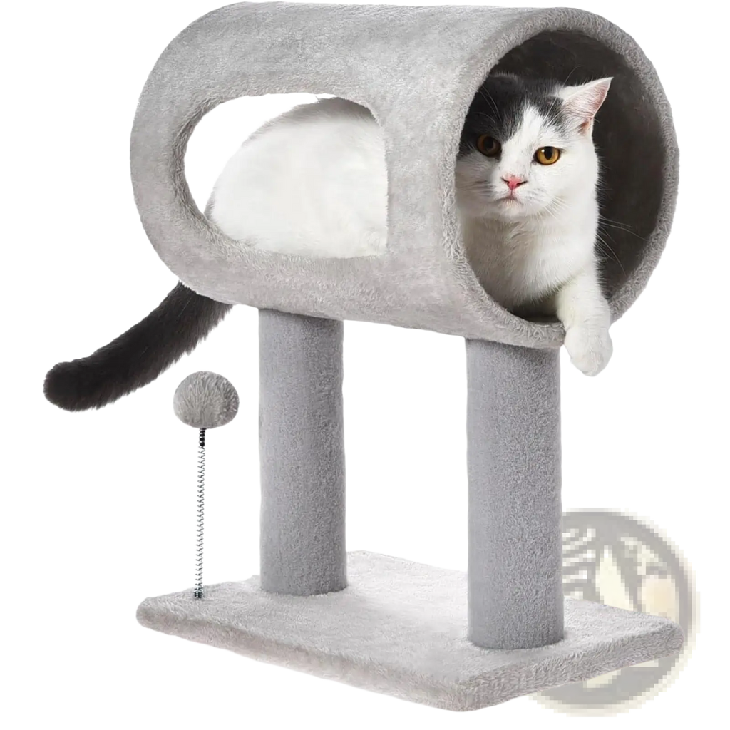Gray plush cat tree with tunnel and sisal scratching posts designed for indoor cat play and exercise