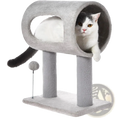 Gray plush cat tree with tunnel and sisal scratching posts designed for indoor cat play and exercise