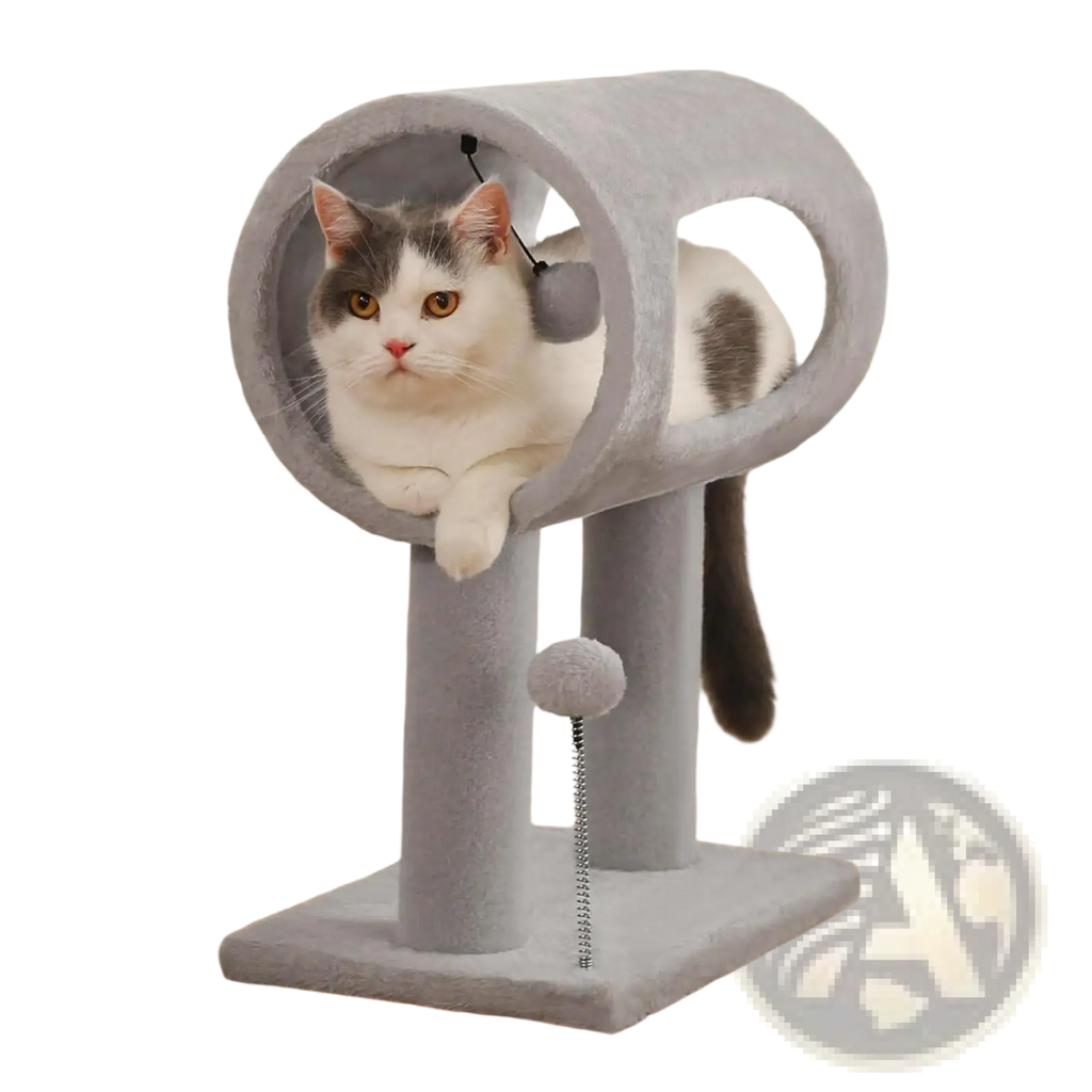 Gray cat tree with plush material features a circular tunnel and dangling pom-pom toy for scratching and play