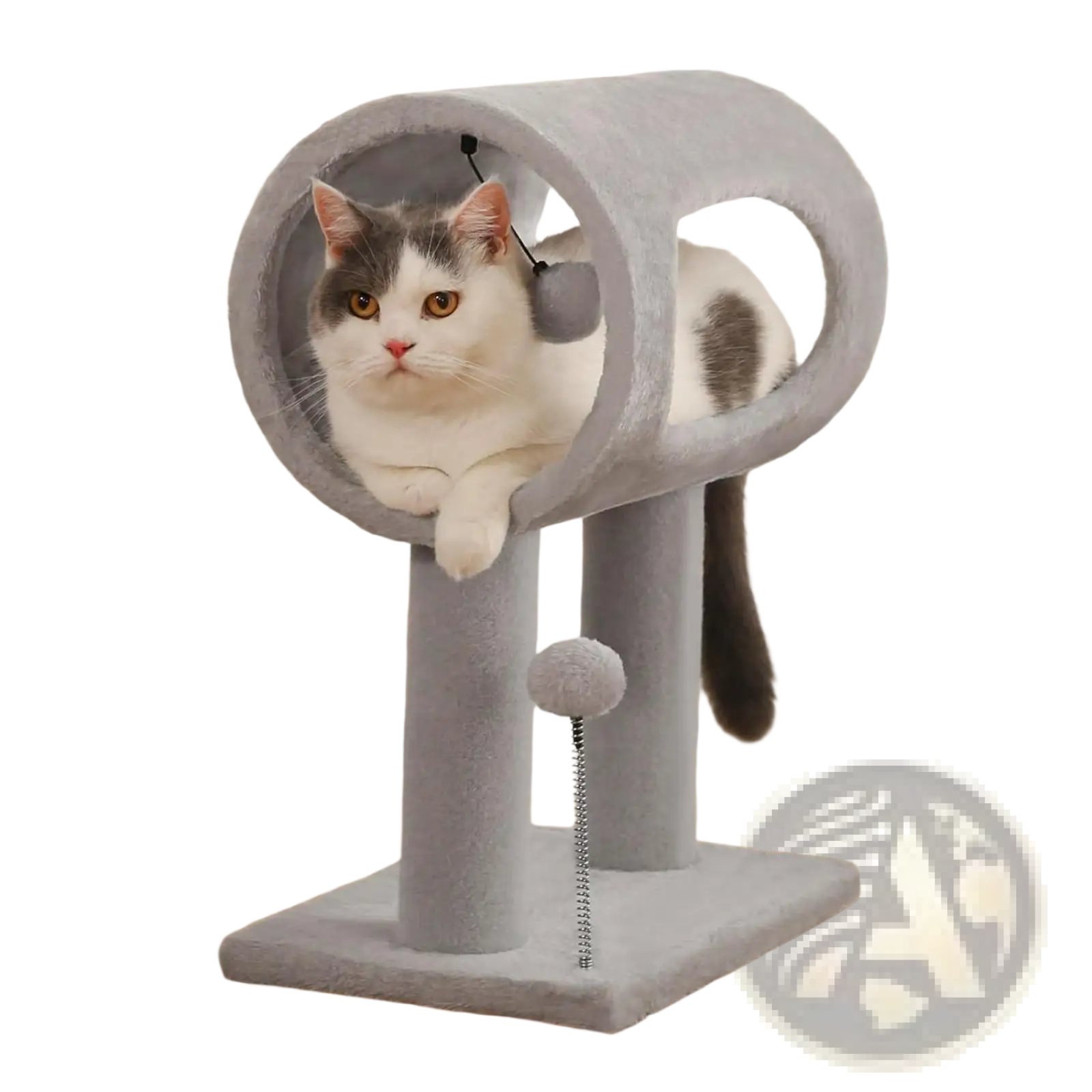 Gray cat tree with plush material features a circular tunnel and dangling pom-pom toy for scratching and play
