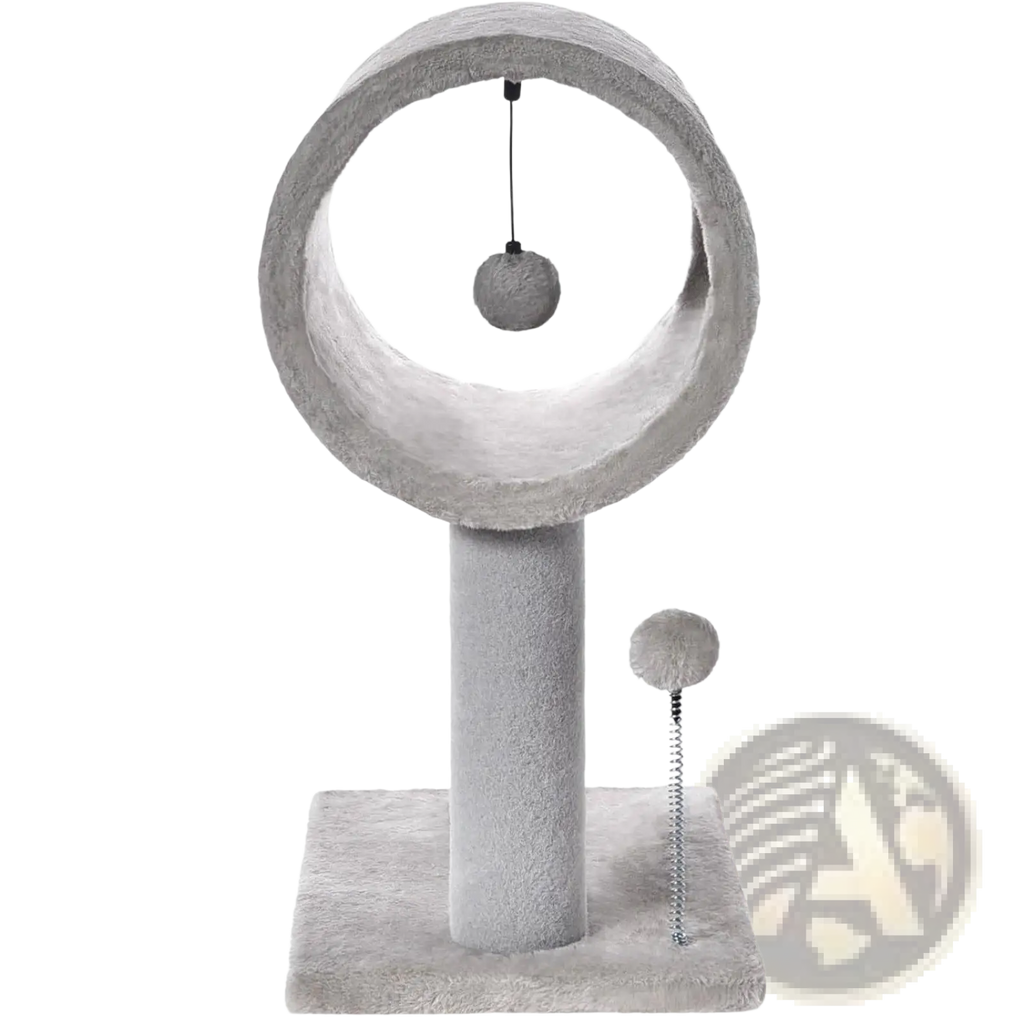 Gray plush cat tree with tunnel, scratching post, circular top platform, dangling ball toy, and side pom-pom wand