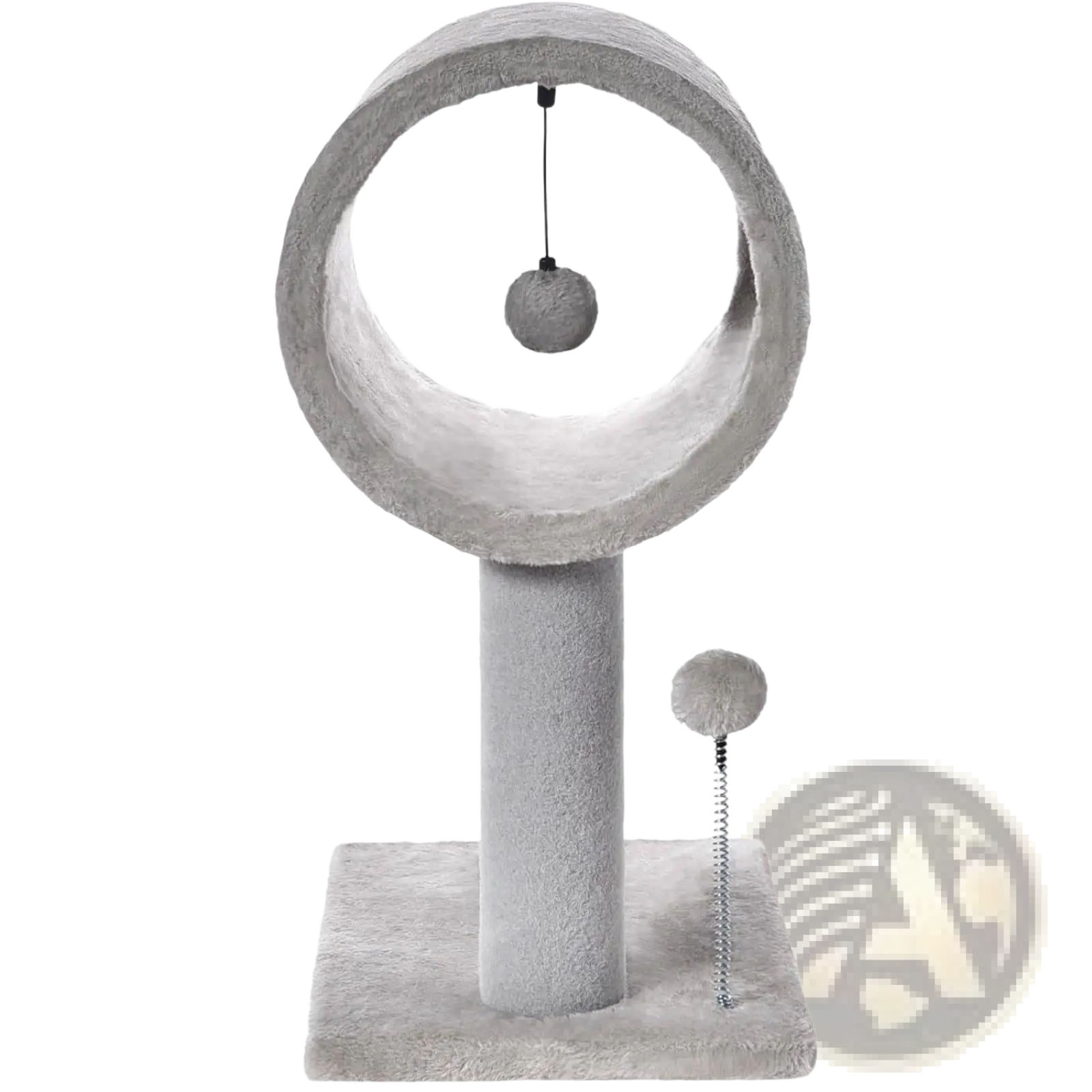 Gray plush cat tree with tunnel, scratching post, circular top platform, dangling ball toy, and side pom-pom wand