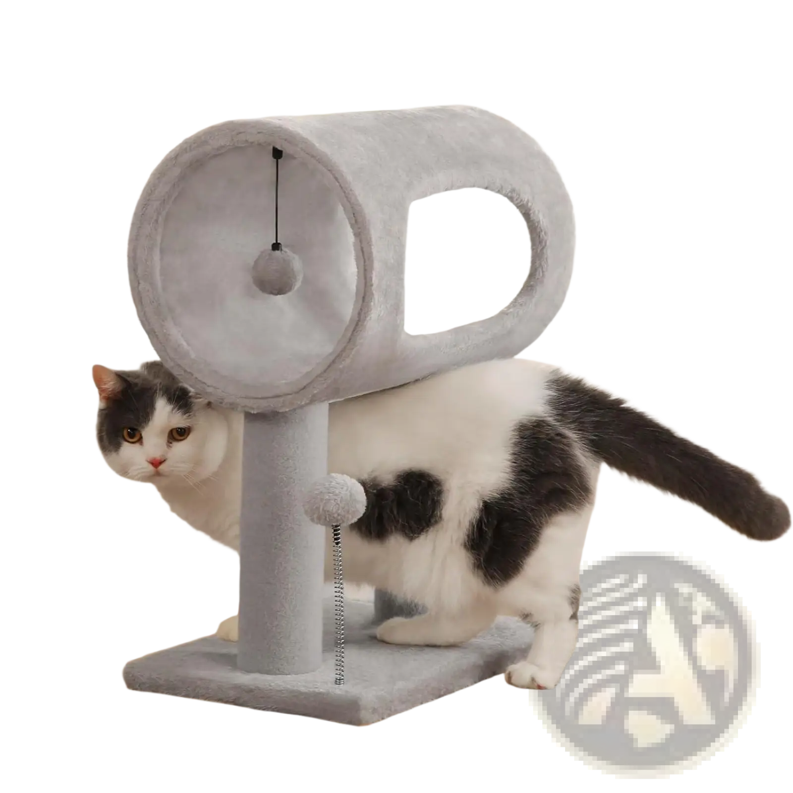 Gray plush cat tree with tunnel, circular scratching post, and dangling ball toy for cat entertainment and exercise