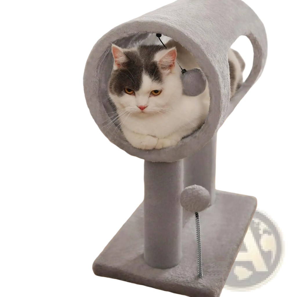 Gray plush cat tree featuring a cylindrical tunnel and dangling ball toy for scratching and play