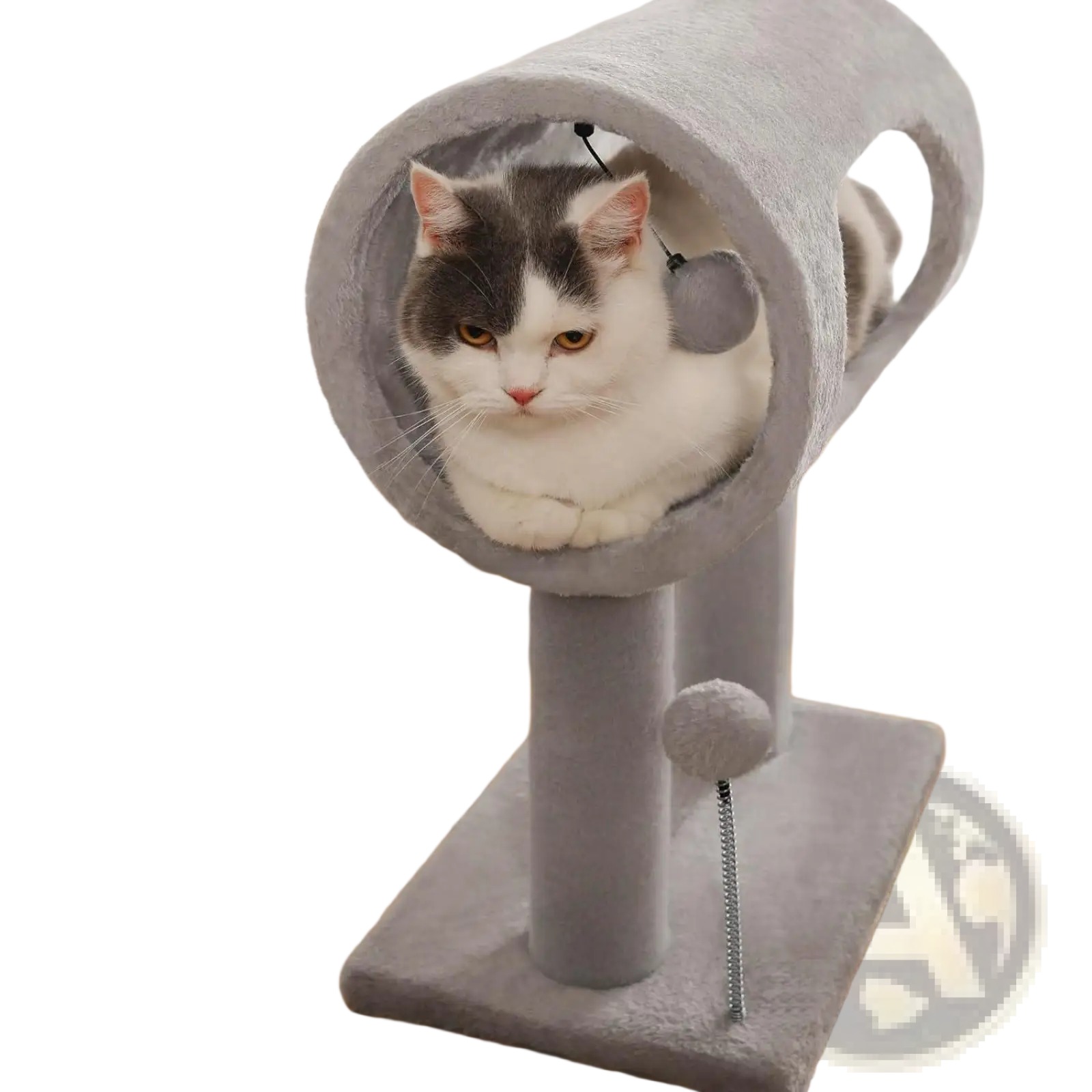 Gray plush cat tree featuring a cylindrical tunnel and dangling ball toy for scratching and play