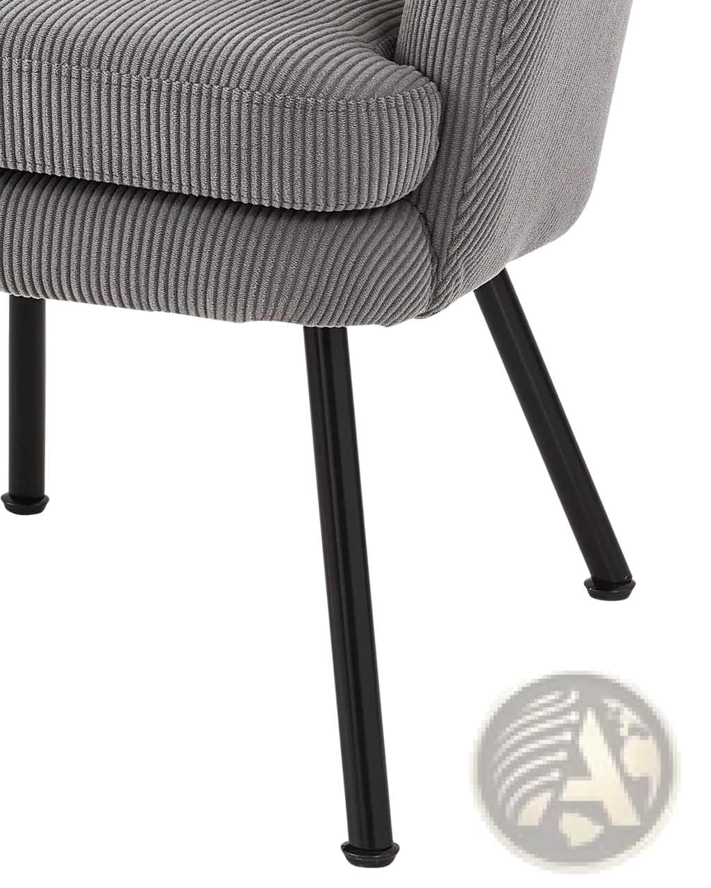 Gray corduroy barrel chair with black metal legs featuring soft fabric and sturdy frame for stylish seating