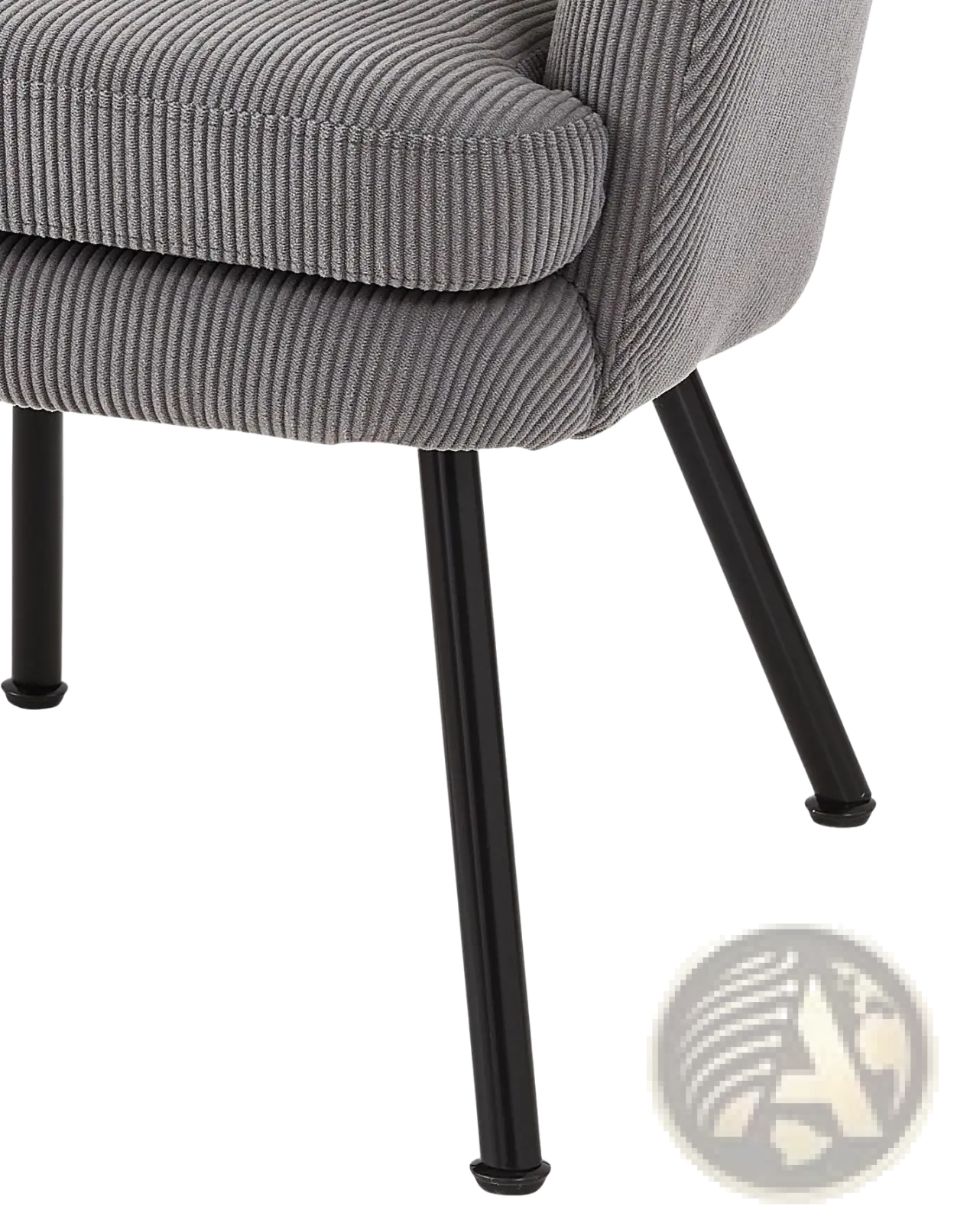 Gray corduroy barrel chair with black metal legs featuring soft fabric and sturdy frame for stylish seating