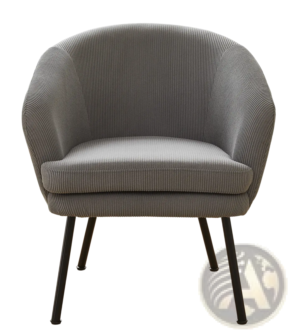 Gray corduroy barrel chair with black metal legs featuring a textured fabric and sturdy modern design